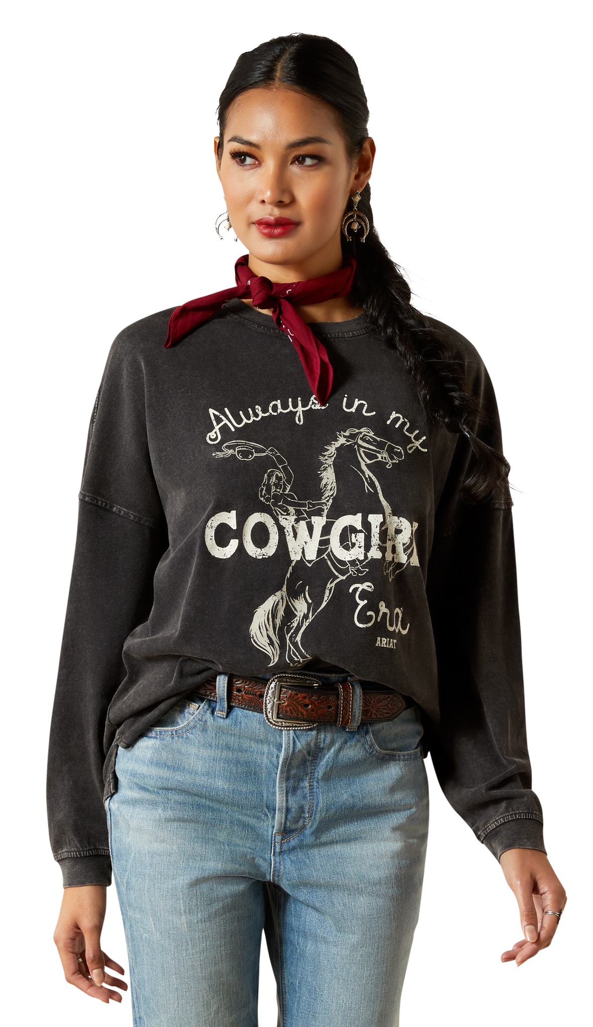 Image of Ariat Cowgirl Era Canvas Oversized Long-Sleeve T-Shirt for Ladies - Black Mineral - XL