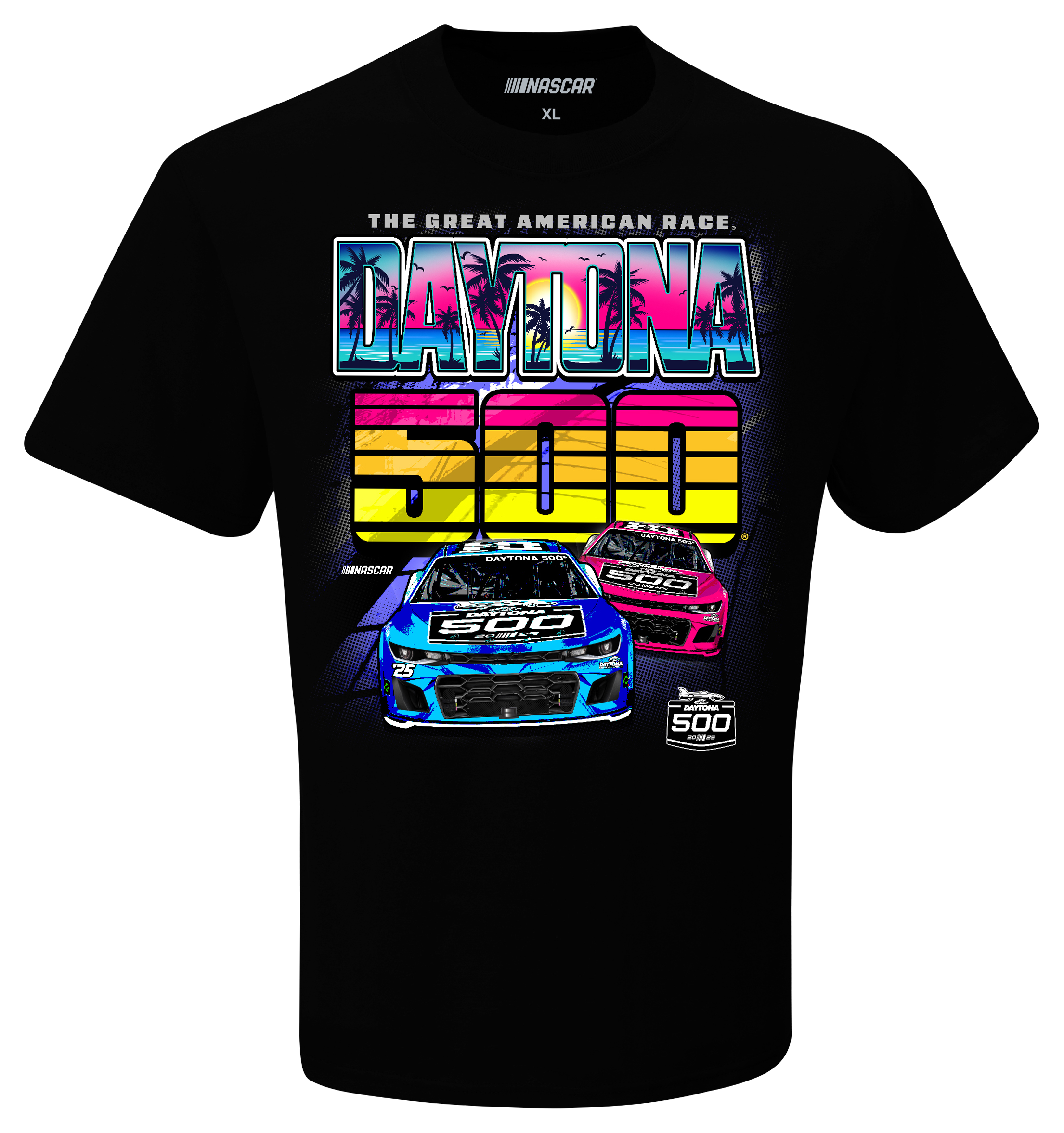 Image of NASCAR 2025 Daytona 500 Throwback Graphic Short-Sleeve T-Shirt for Men - Black - 3XL