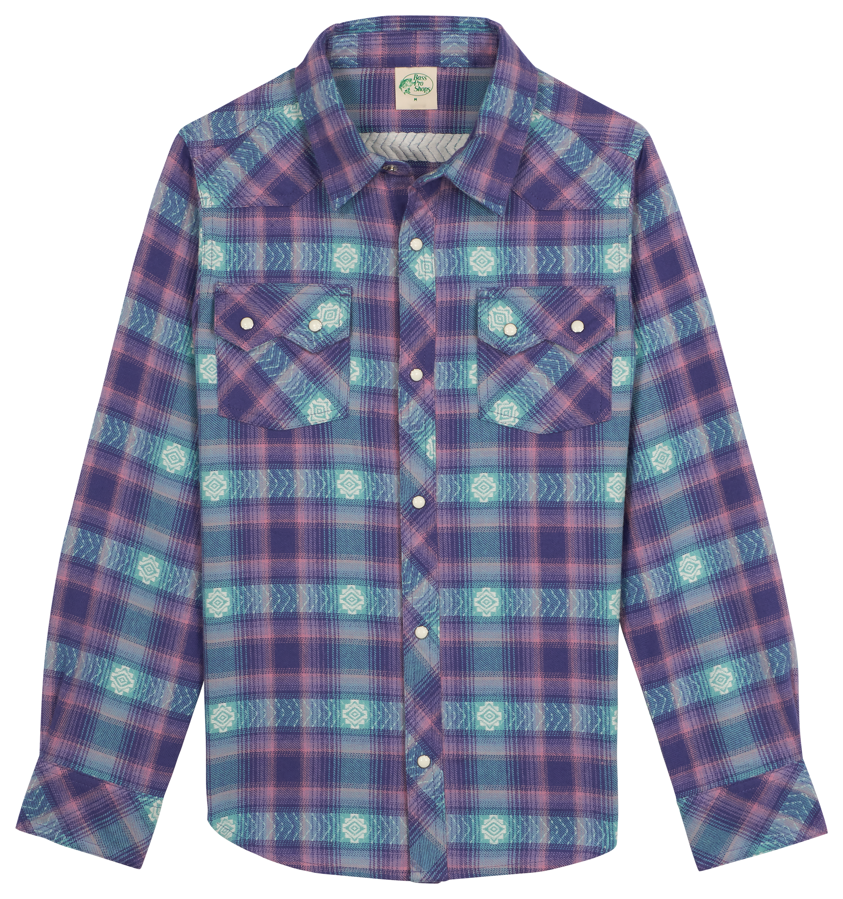 Image of Bass Pro Shops Western Long-Sleeve Snap-Down Shirt for Kids - Aqua/Lilas - M