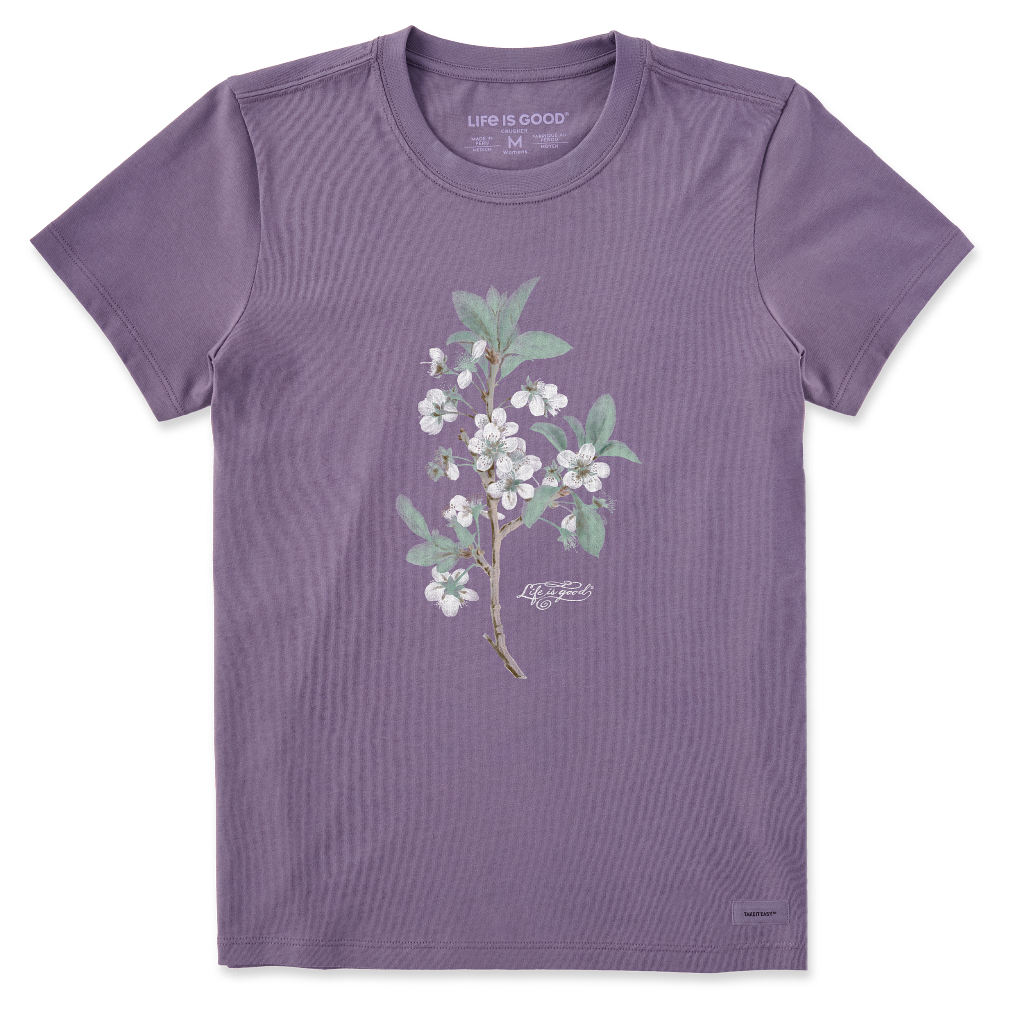 Life is Good Women's Antique Plum Blossom Painting Short Sleeve T-Shirt Crusher in Dusk Purple | Size XS | Cotton/Polyester