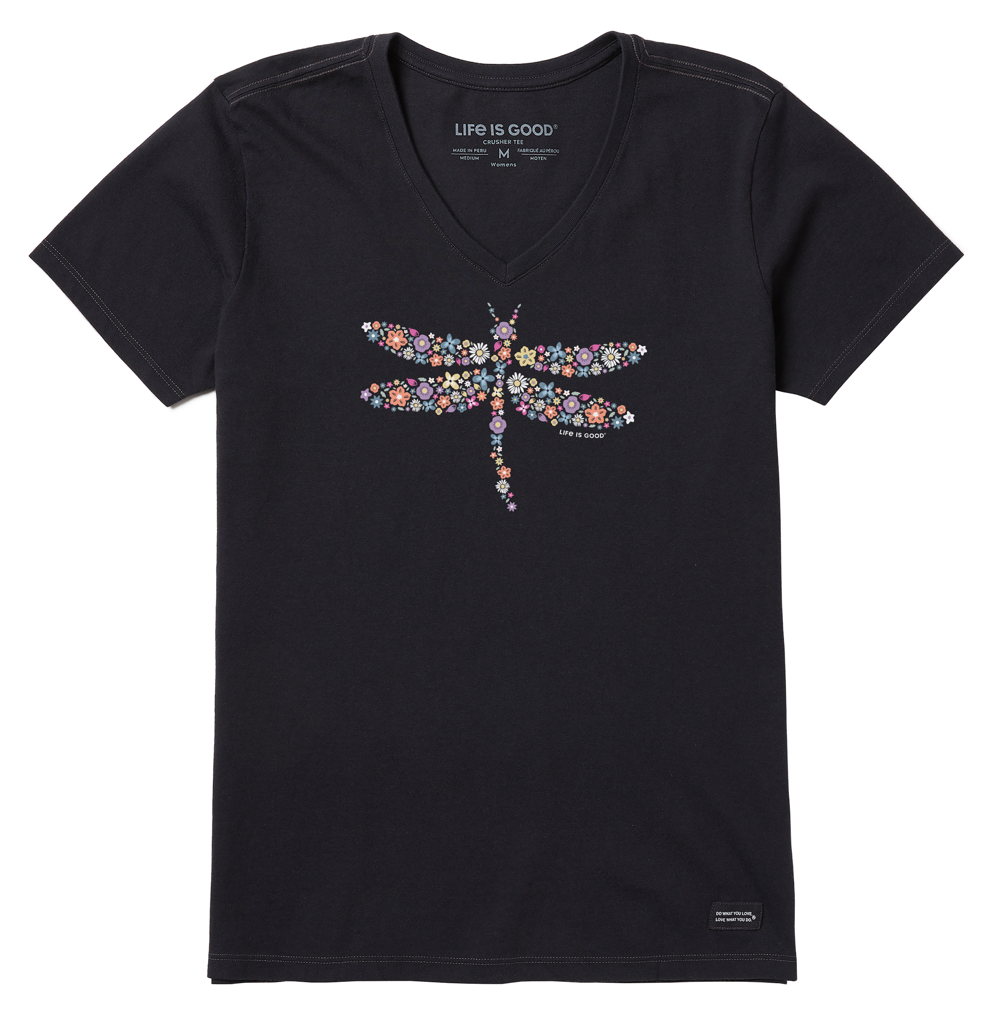 Image of Life is Good Dragonfly Flowers Short-Sleeve V-Neck Crusher T-Shirt for Ladies - Faded Black