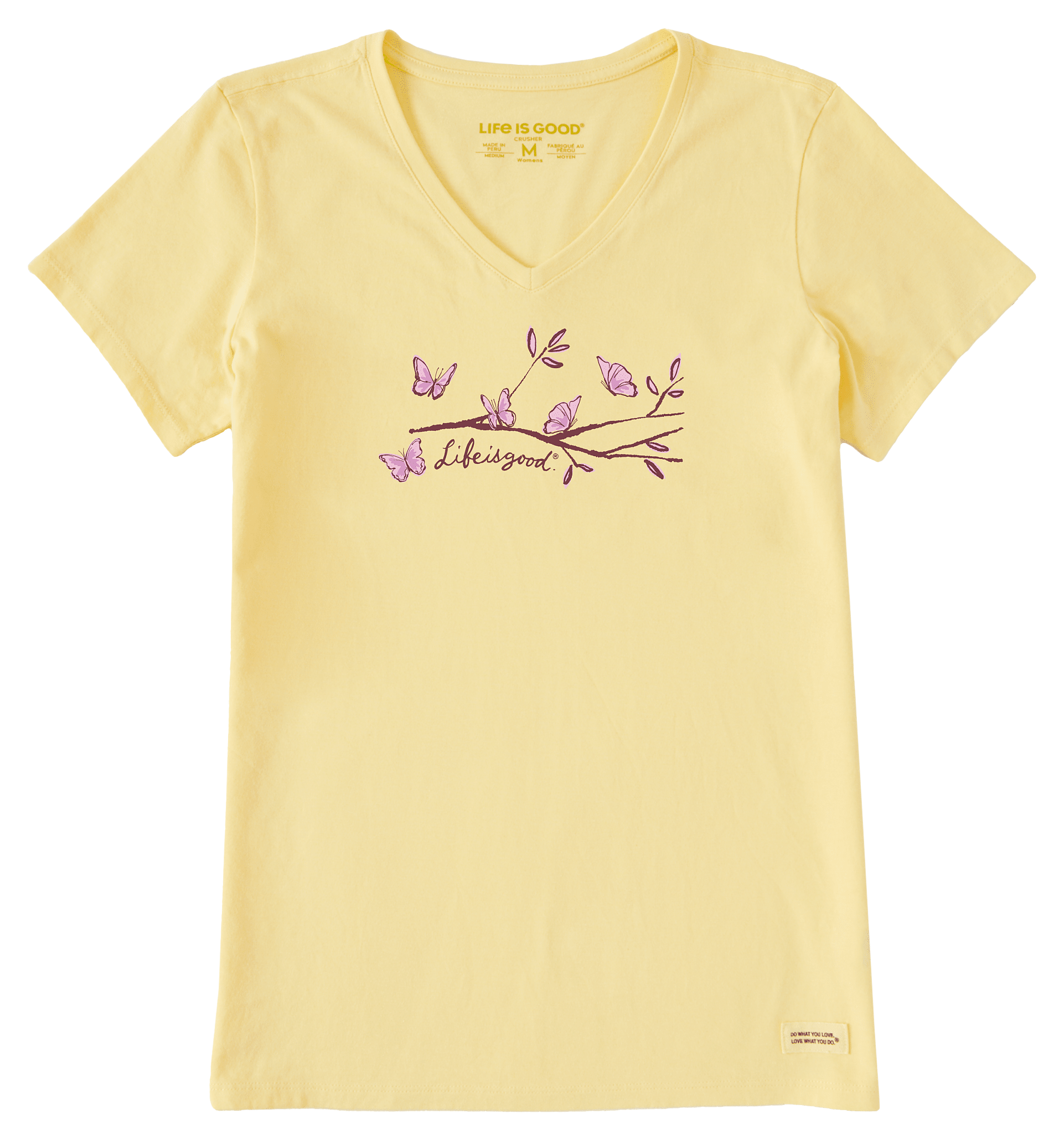Life is Good Women's Perch Nectar Short Sleeve Crusher Vee in Sandy Yellow | Size XS | Cotton/Polyester
