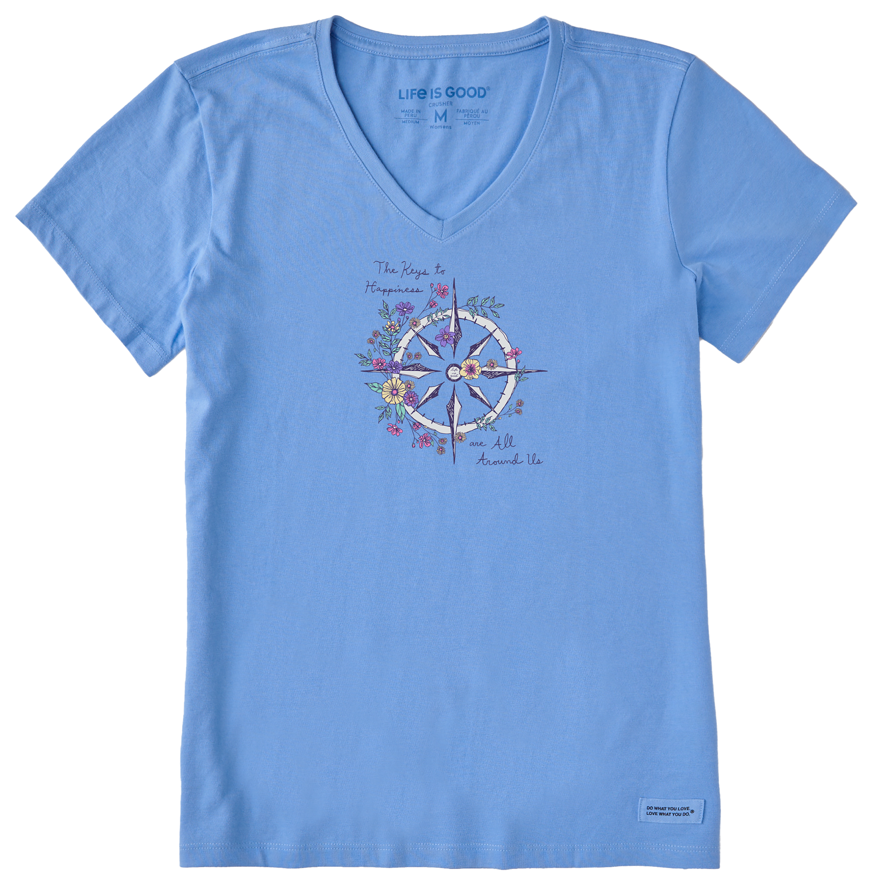 Image of Life is Good Happiness Wildflower Crusher V-Neck Short-Sleeve T-Shirt for Ladies - Cornflower Blue