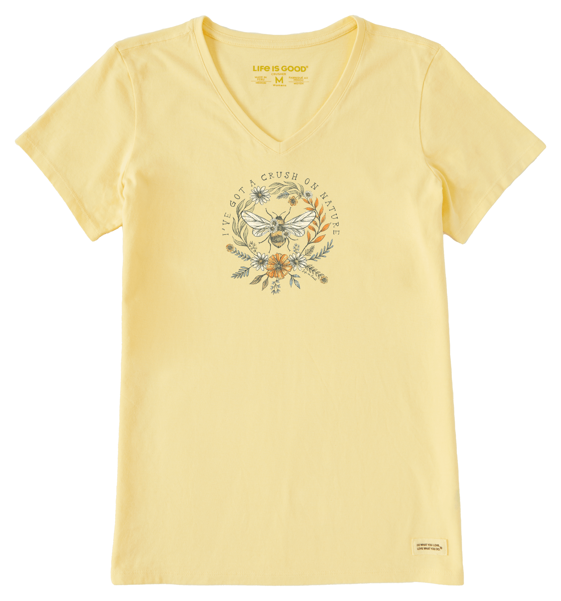 Image of Life is Good Crush on Nature Bee Crusher V-Neck Short-Sleeve T-Shirt for Ladies - Sandy Yellow