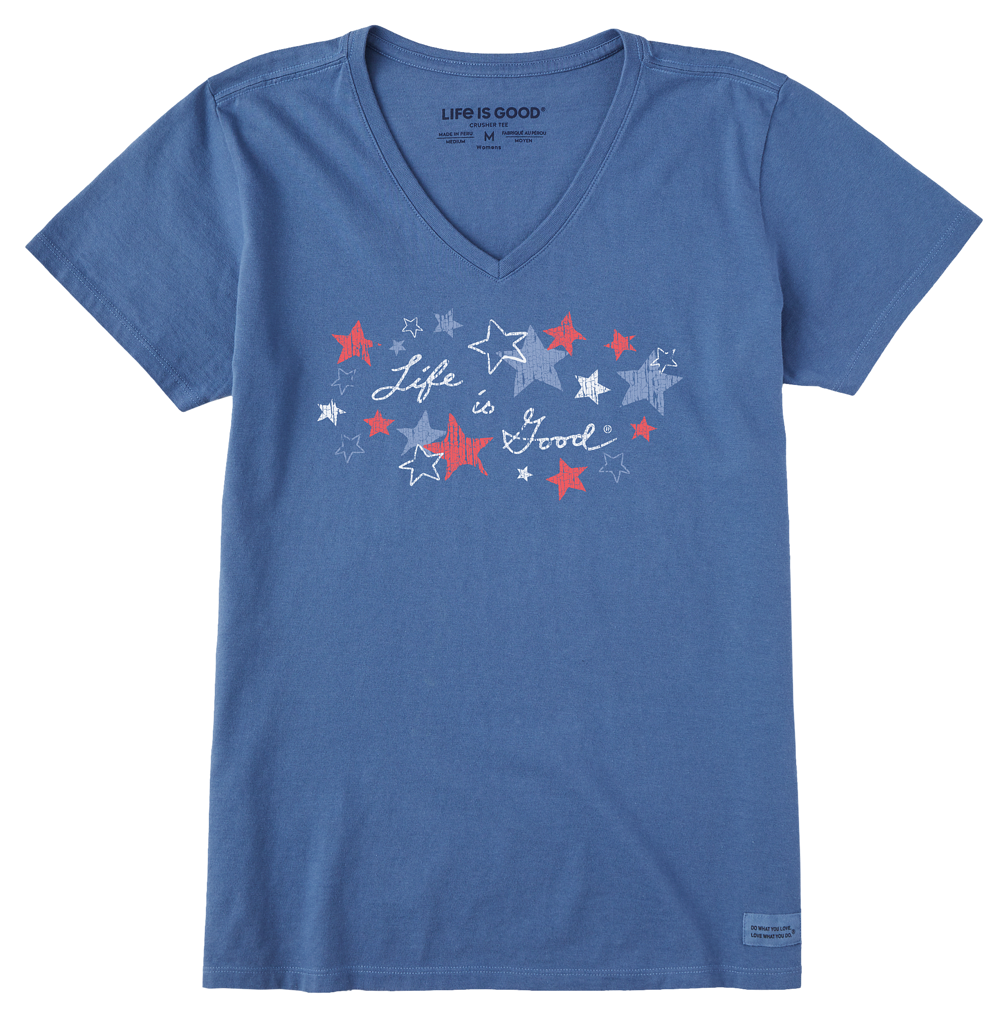 Image of Life is Good Americana Stars Crusher-LITE V-Neck Short-Sleeve T-Shirt for Ladies - Vintage Blue - S