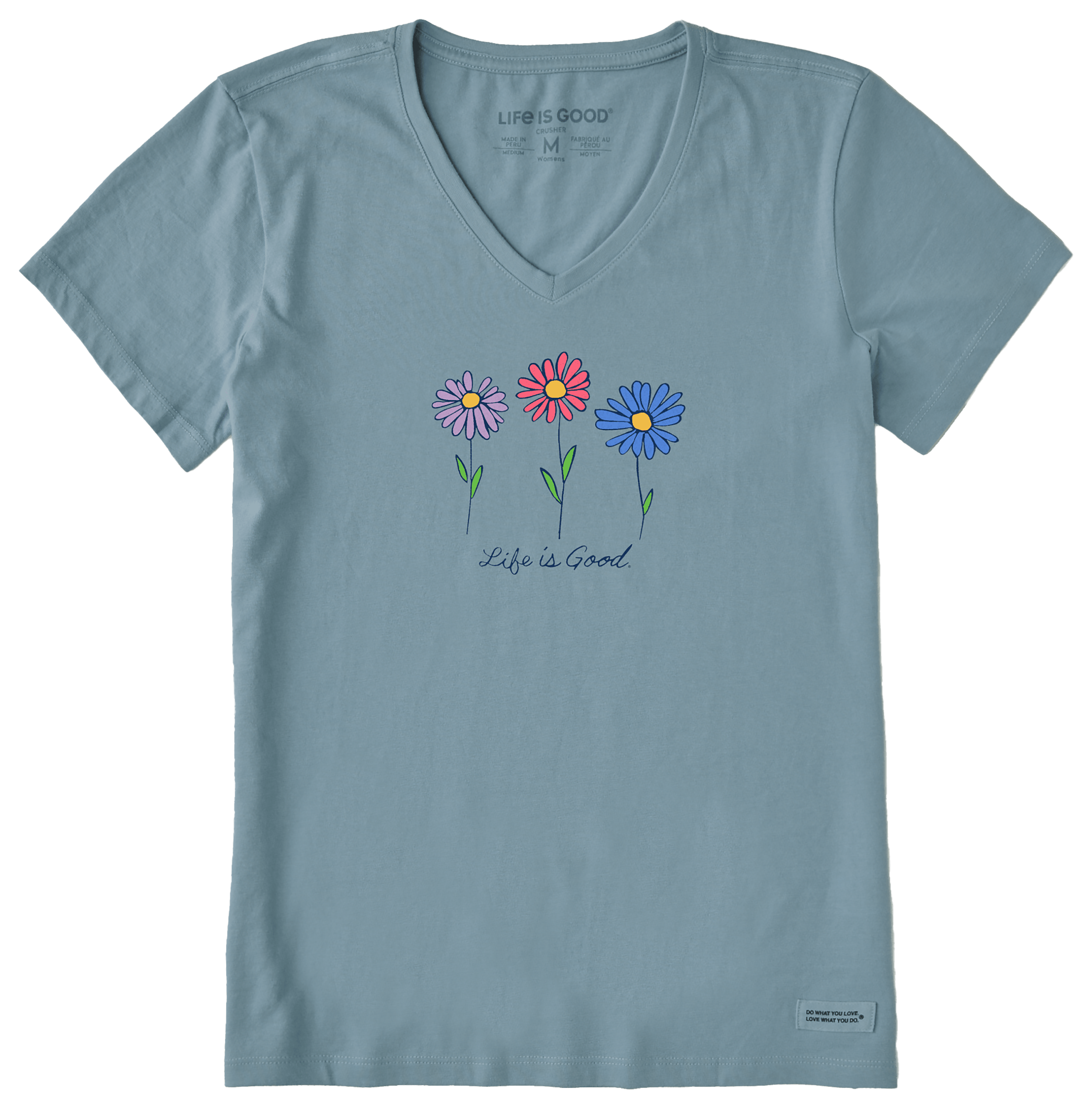 Image of Life is Good 3 Colorful Daises Crusher-LITE V-Neck Short-Sleeve T-Shirt for Ladies - Smoky Blue