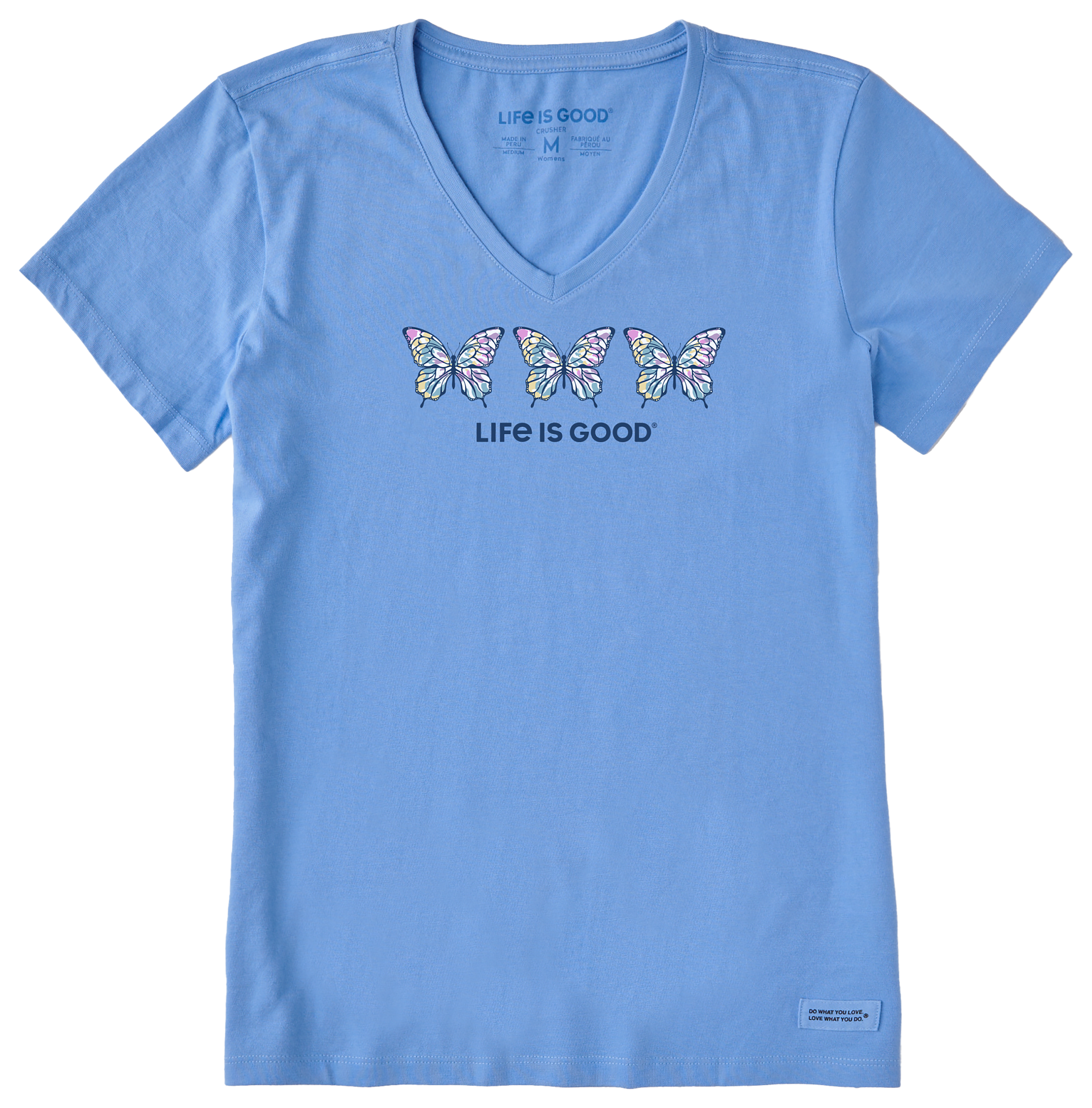 Image of Life is Good Tie-Dye Butterfly Crusher-LITE V-Neck Short-Sleeve T-Shirt for Ladies - Cornflower Blue