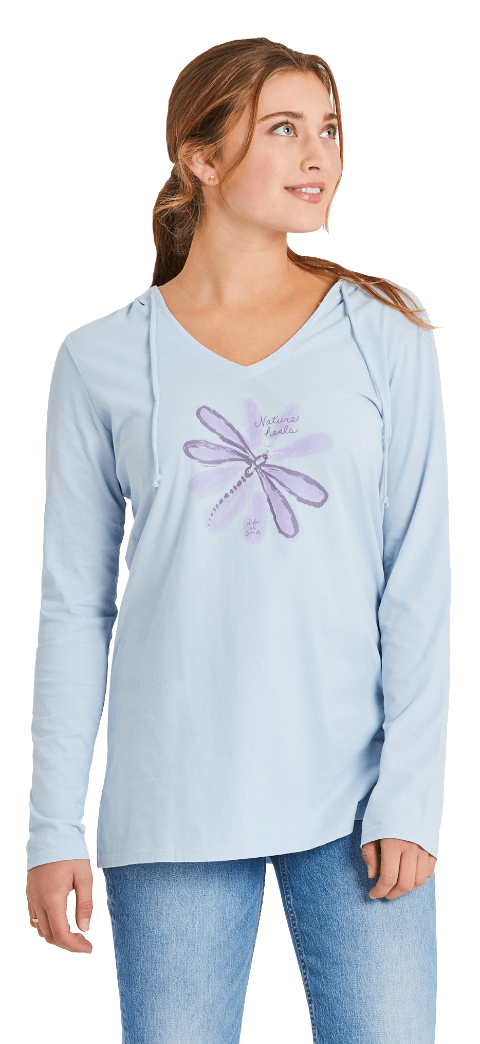 Image of Life is Good Nature Heals Dragonfly Long-Sleeve Hooded T-Shirt for Ladies - Glacier Blue - S