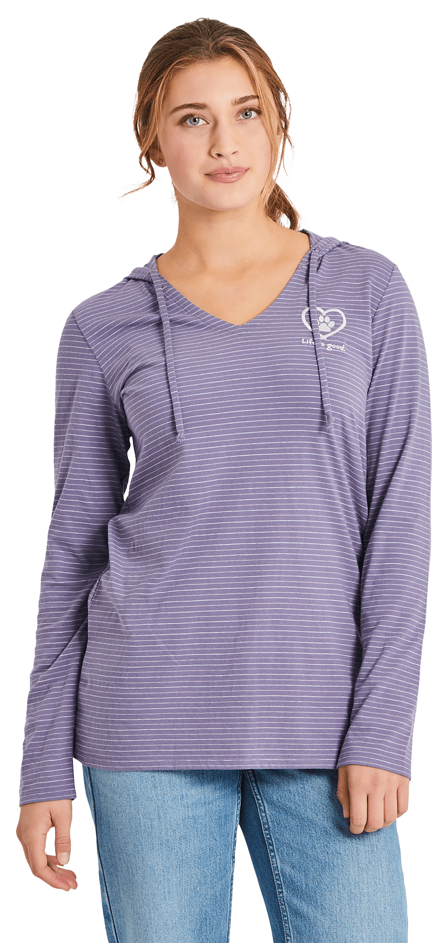 Image of Life is Good Pet Paw Heart Striped Long-Sleeve Hooded T-Shirt for Ladies - Dusk Purple