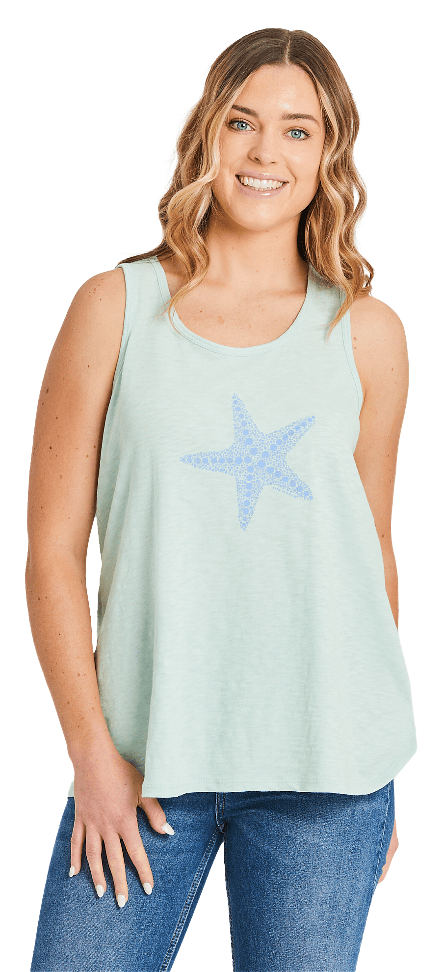 Image of Life is Good Watercolor Starfish Textured Slub Tank for Ladies - Sage Green - M