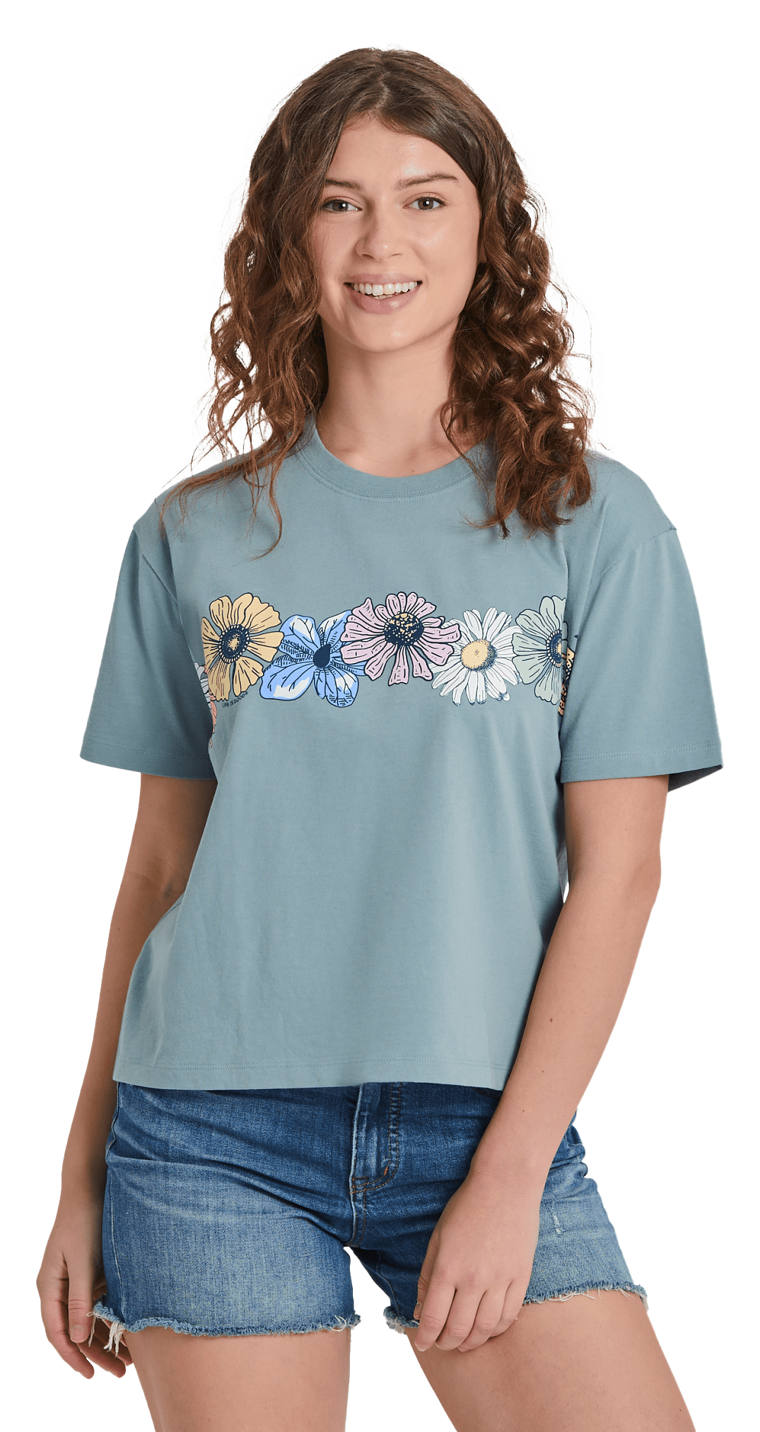 Image of Life is Good Row of Flowers Boxy Crusher Short-Sleeve T-Shirt for Ladies