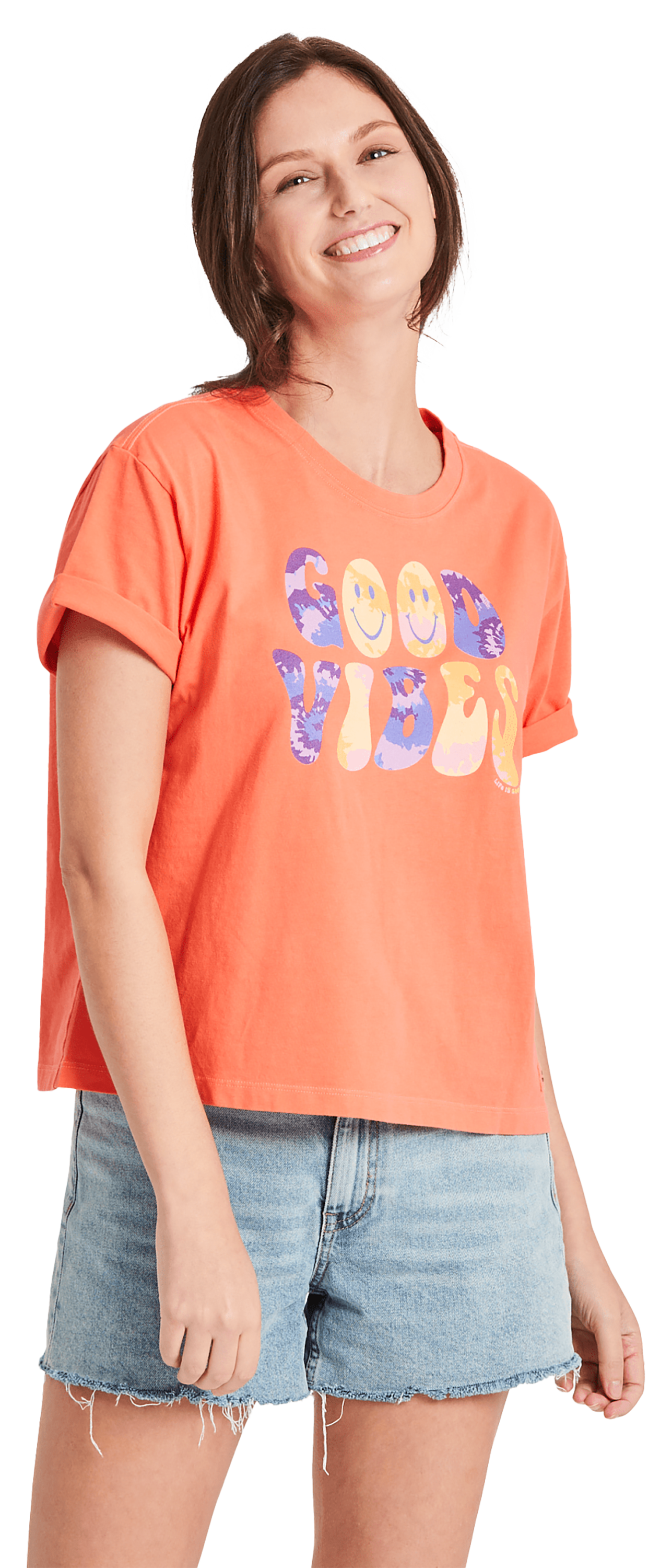 Image of Life is Good Tie Dye Good Vibes Boxy Crusher Short-Sleeve T-Shirt for Ladies - Mango Orange - S