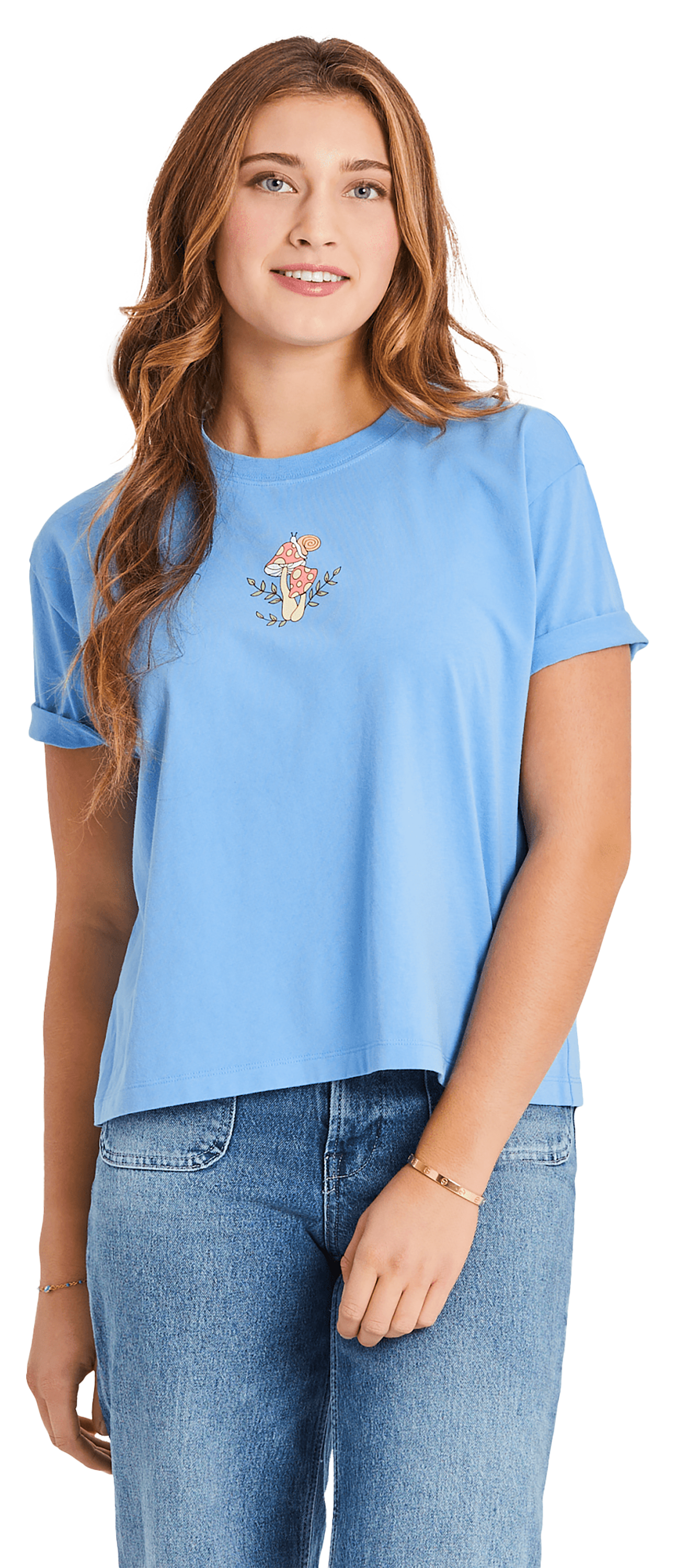Image of Life is Good Mushrooms and Snail Crusher Short-Sleeve T-Shirt for Ladies - Cornflower Blue - XL