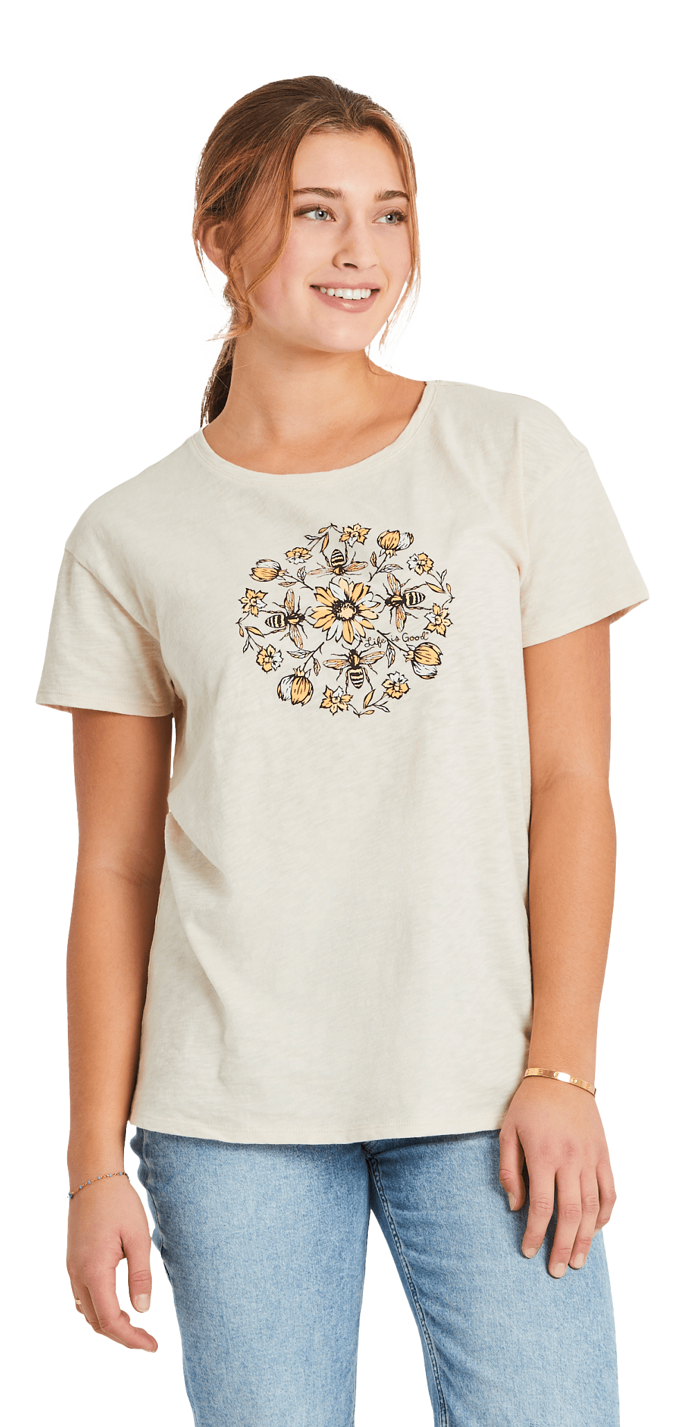 Image of Life is Good Floral Bee Mandala Textured Slub Short-Sleeve T-Shirt for Ladies - Putty White