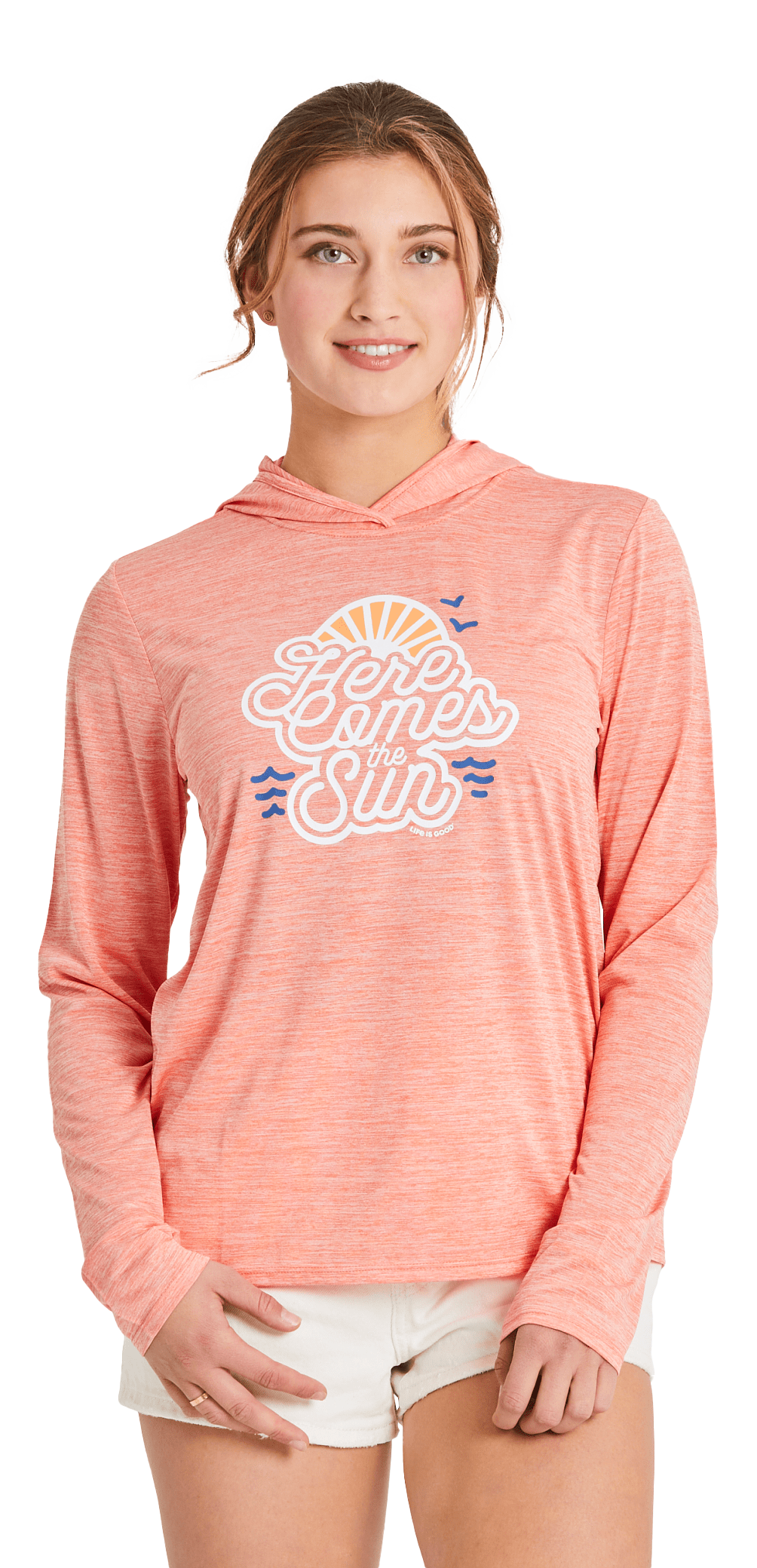 Image of Life is Good Here Comes the Sun Long-Sleeve Hoodie for Ladies - Mango Orange - L