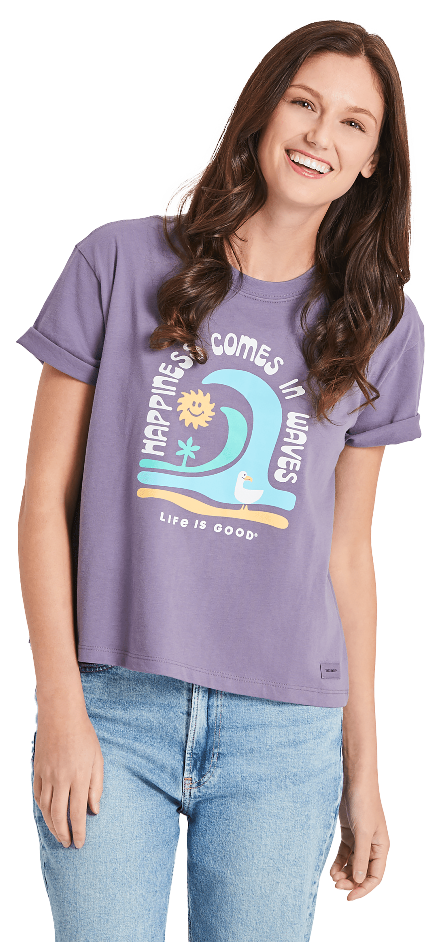 Image of Life is Good Happiness Comes in Waves Boxy Crusher Short-Sleeve T-Shirt for Ladies