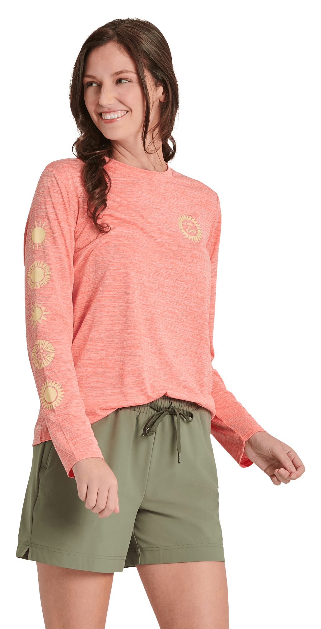 Image of Life is Good Woodblock Sun Crusher Long-Sleeve T-Shirt for Ladies - Mango Orange - XS