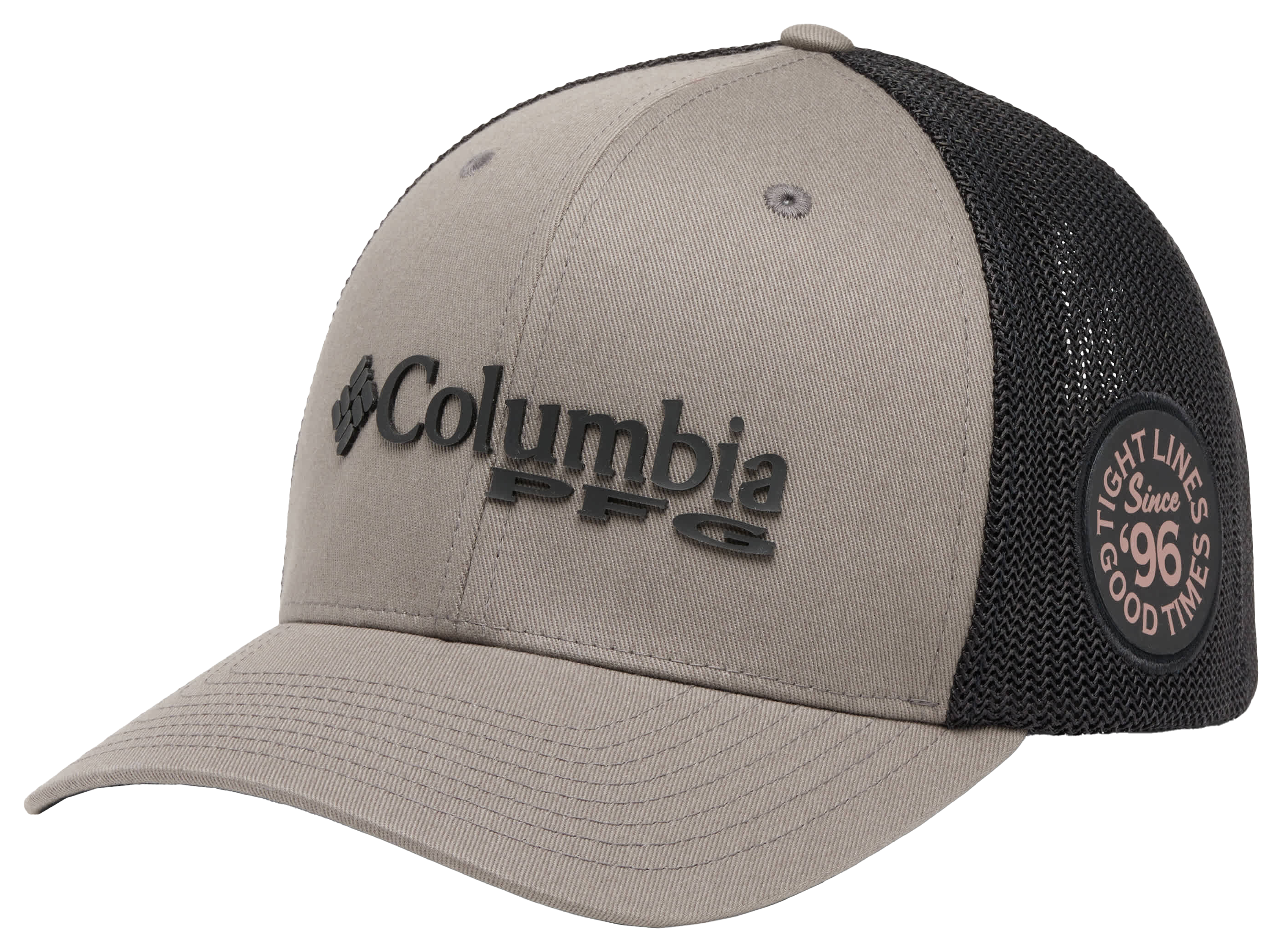 Image of Columbia PFG Logo Tight Lines Good Times Graphic Mesh-Back Ball Cap for Ladies - Iron/Black - L/XL