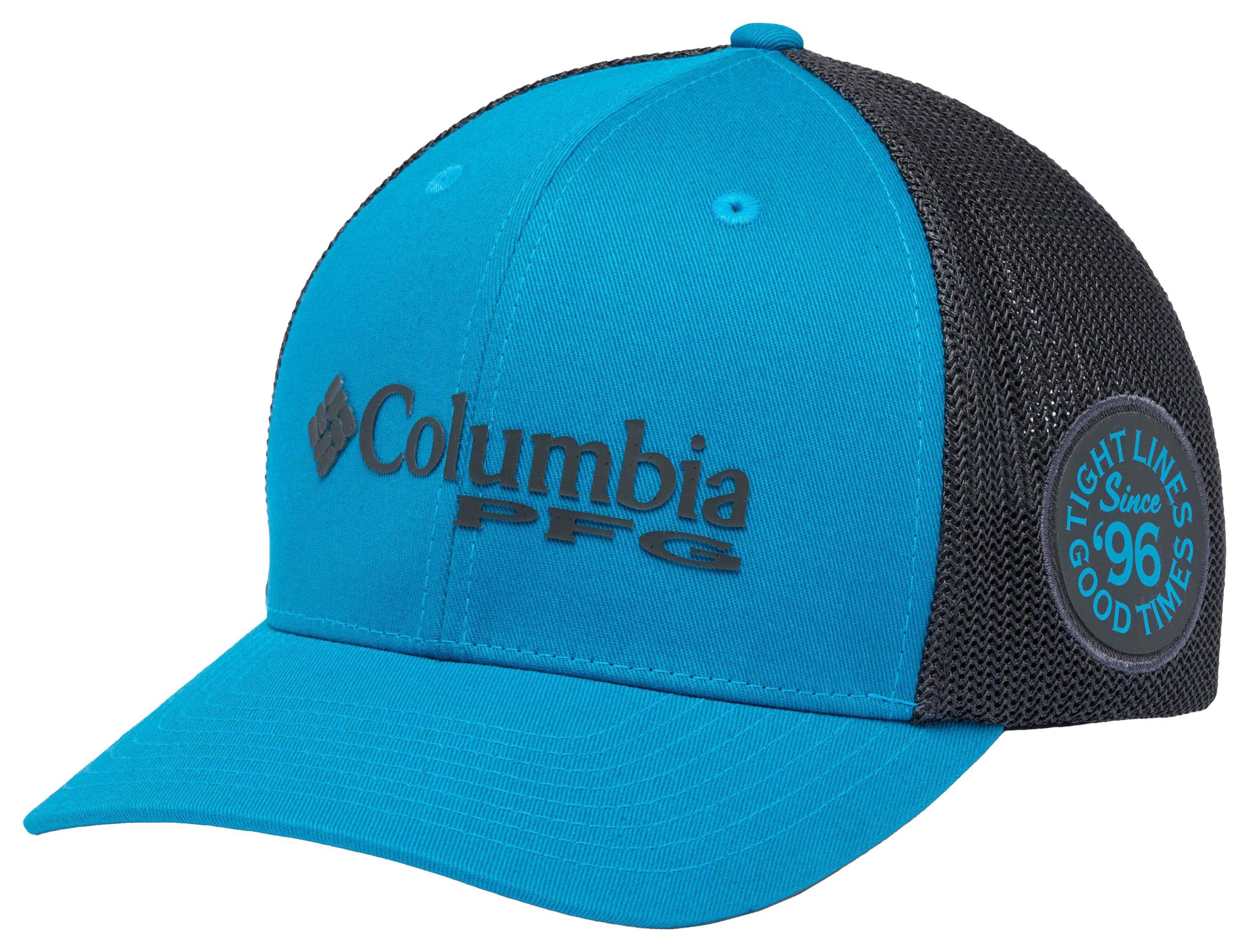 Image of Columbia PFG Logo Tight Lines Good Times Graphic Mesh-Back Ball Cap for Ladies - Blue Echo/Shark - S/M