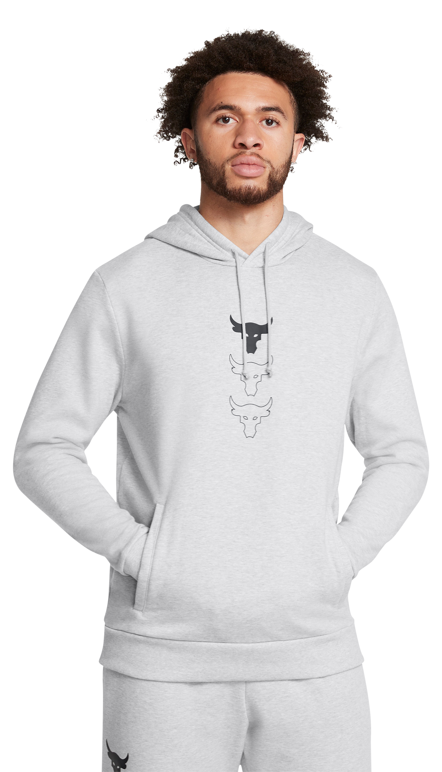 Image of Under Armour Project Rock Rival Fleece Long-Sleeve Hoodie for Men - Mod Gray Medium Heather - M