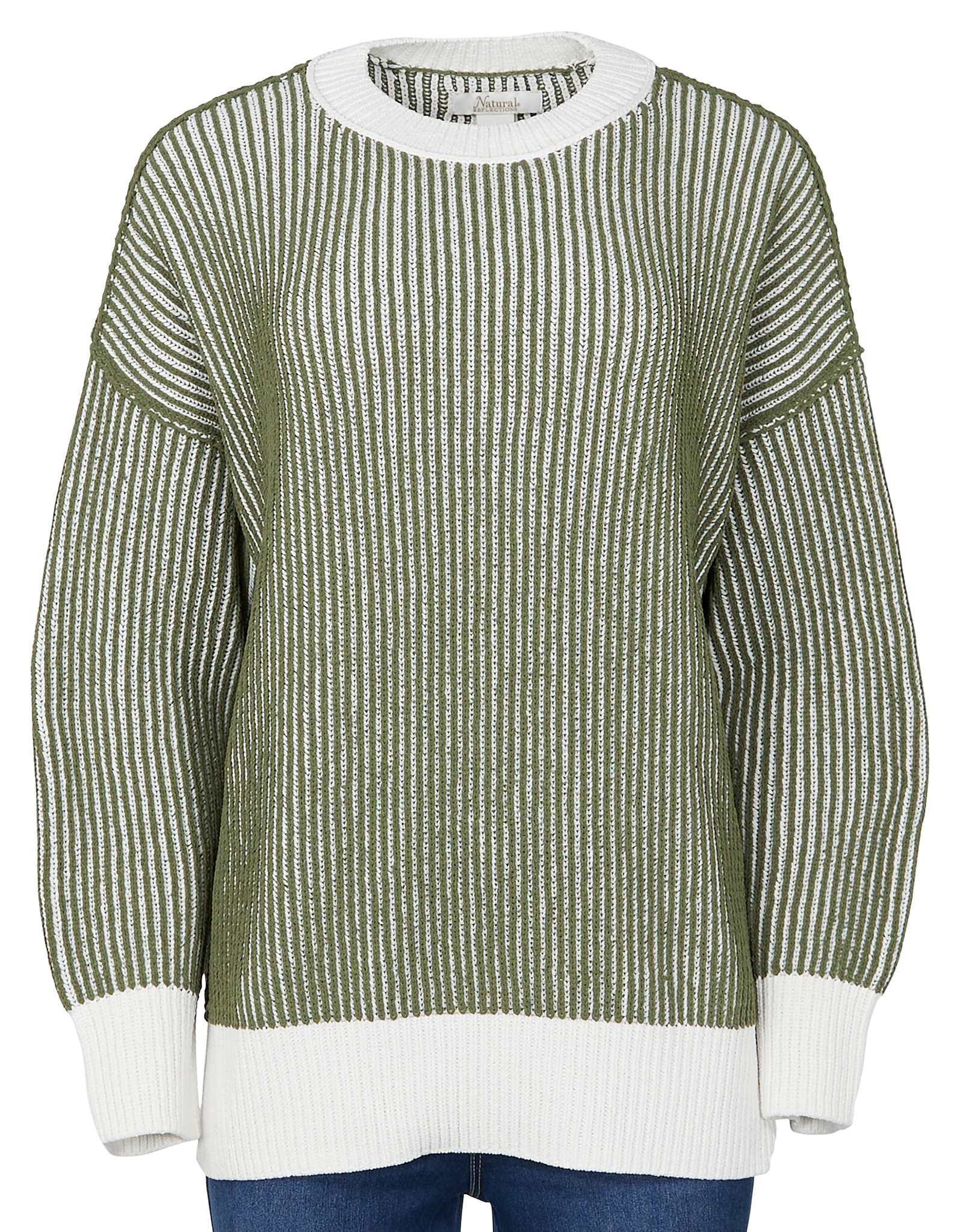 Image of Natural Reflections Campfire 2-Tone Crew-Neck Long-Sleeve Sweater for Ladies - Olivine/Cream Stripe - S