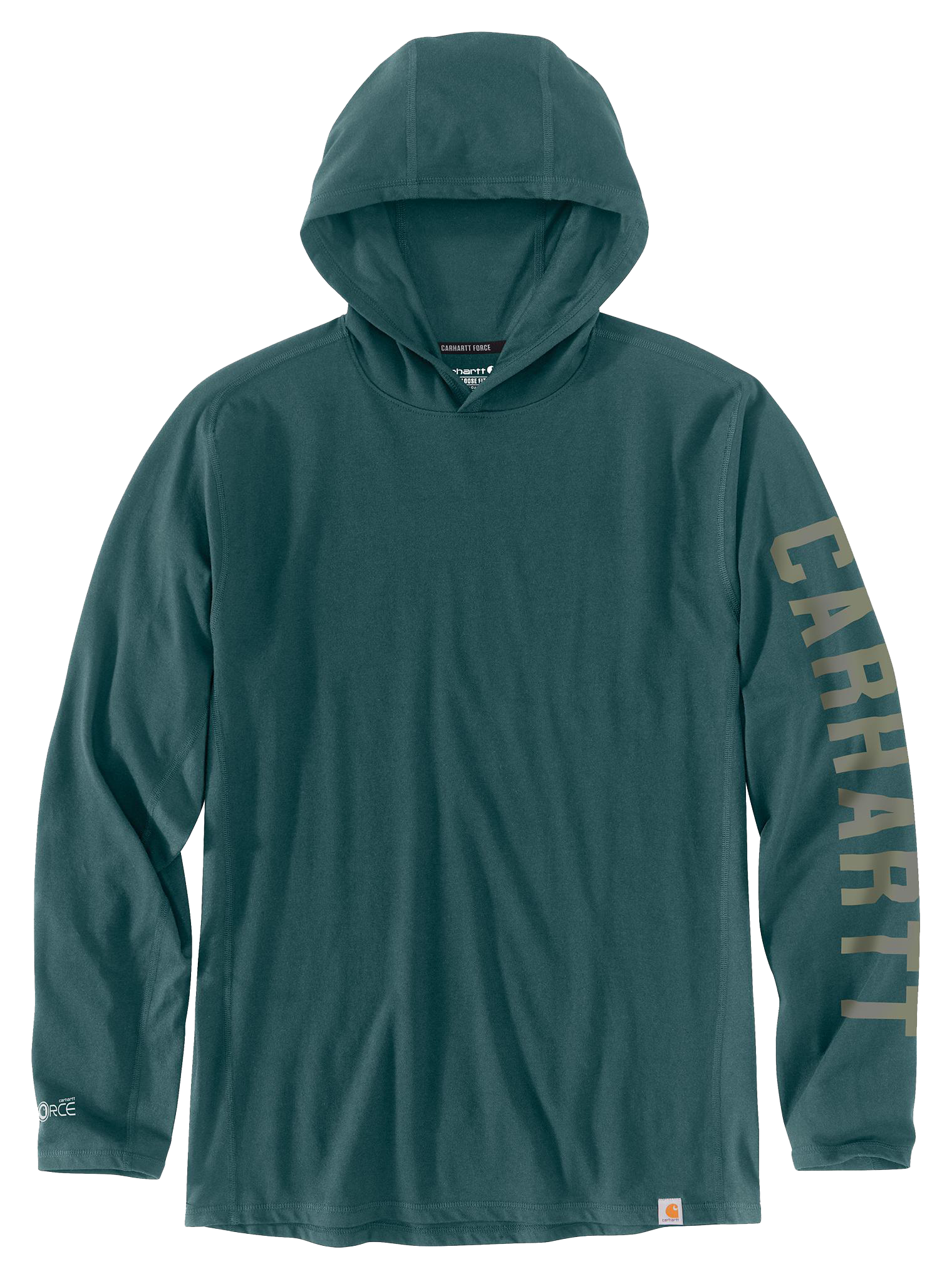 Image of Carhartt Force Relaxed Fit Midweight Logo Graphic Long-Sleeve Hooded T-Shirt - Greenstone - L