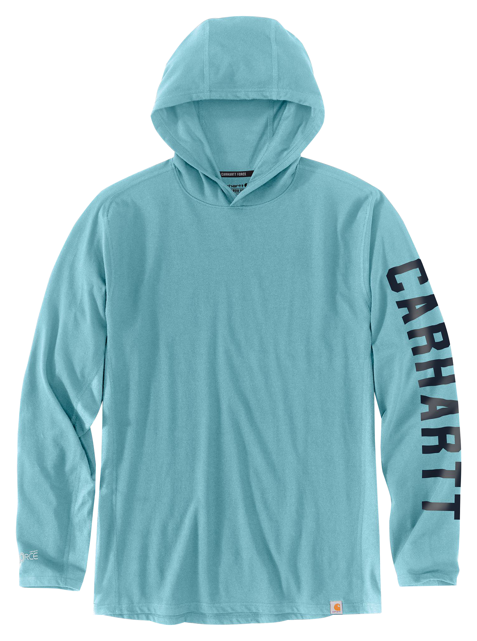 Image of Carhartt Force Relaxed Fit Midweight Logo Graphic Long-Sleeve Hooded T-Shirt - Dusted Aqua - XL