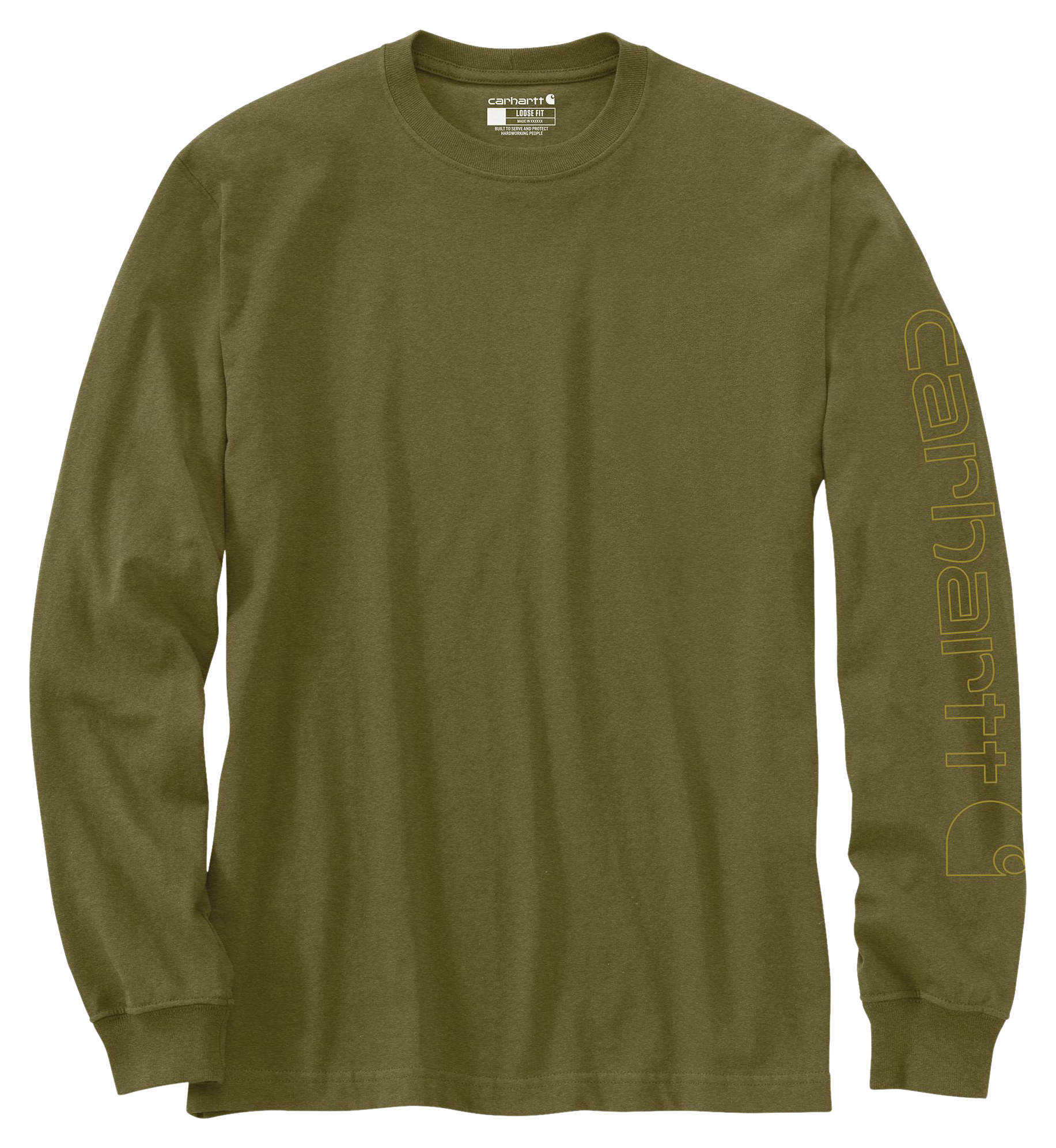 Image of Carhartt Loose-Fit Heavyweight Logo Sleeve Graphic Long-Sleeve T-Shirt - Dark Bronze Green Heather