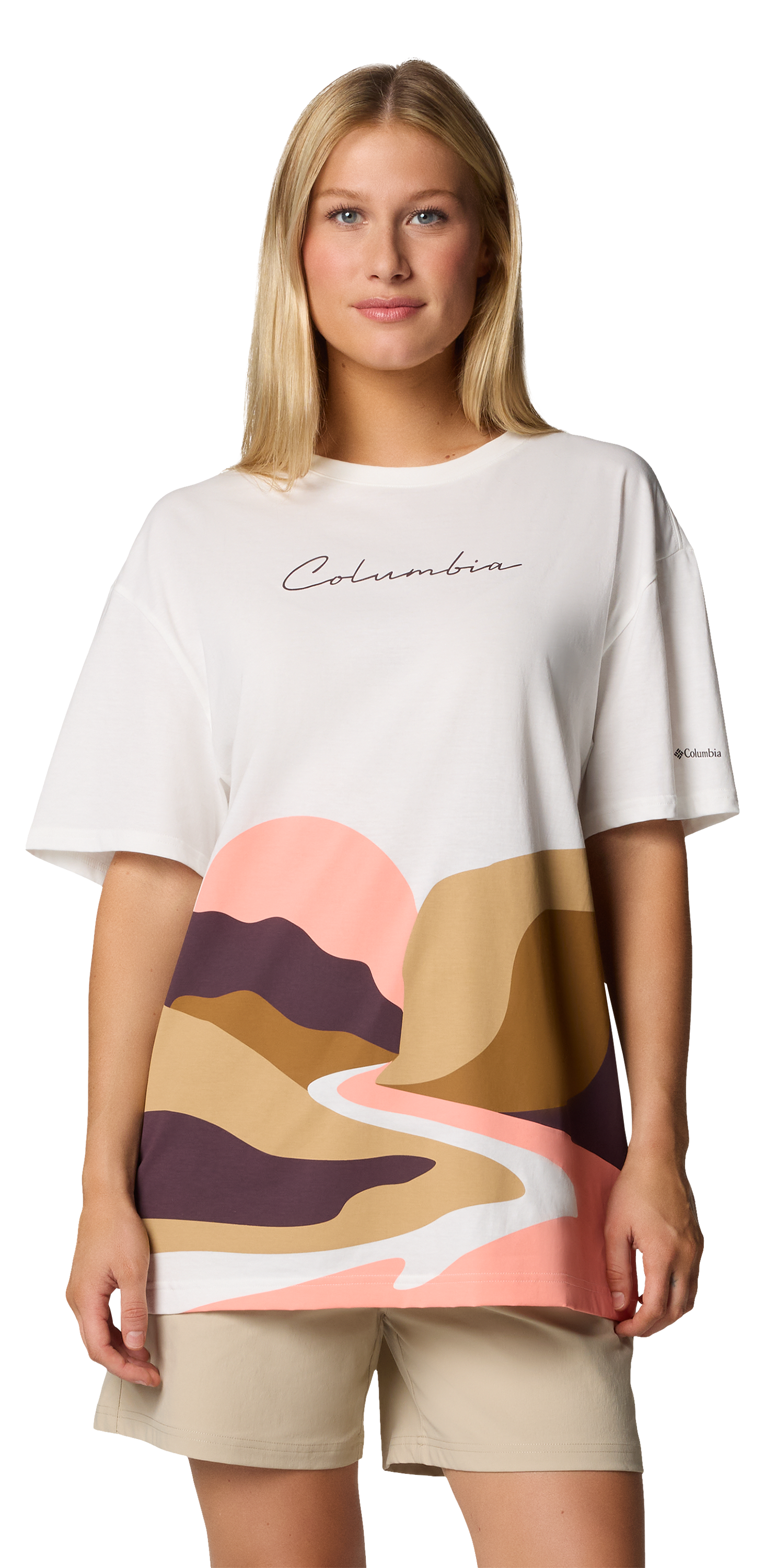 Image of Columbia Rolling Bend Trailscape Graphic Oversized Short-Sleeve T-Shirt for Ladies - Sea Salt/Trailscape