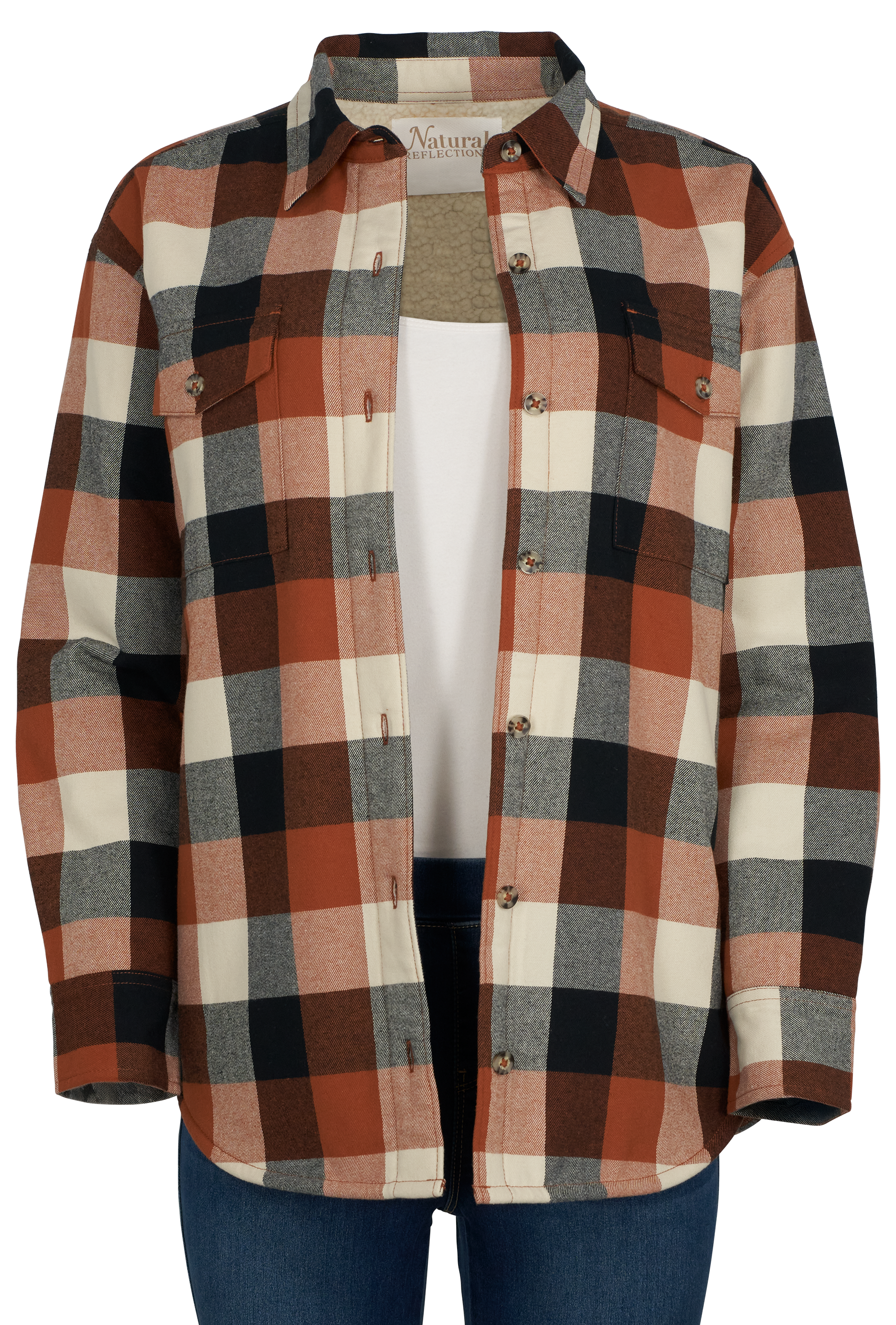 Image of Natural Reflections Sherpa-Lined Flannel Long-Sleeve Shirt - Oatmeal/Mocha Bisque Buffalo