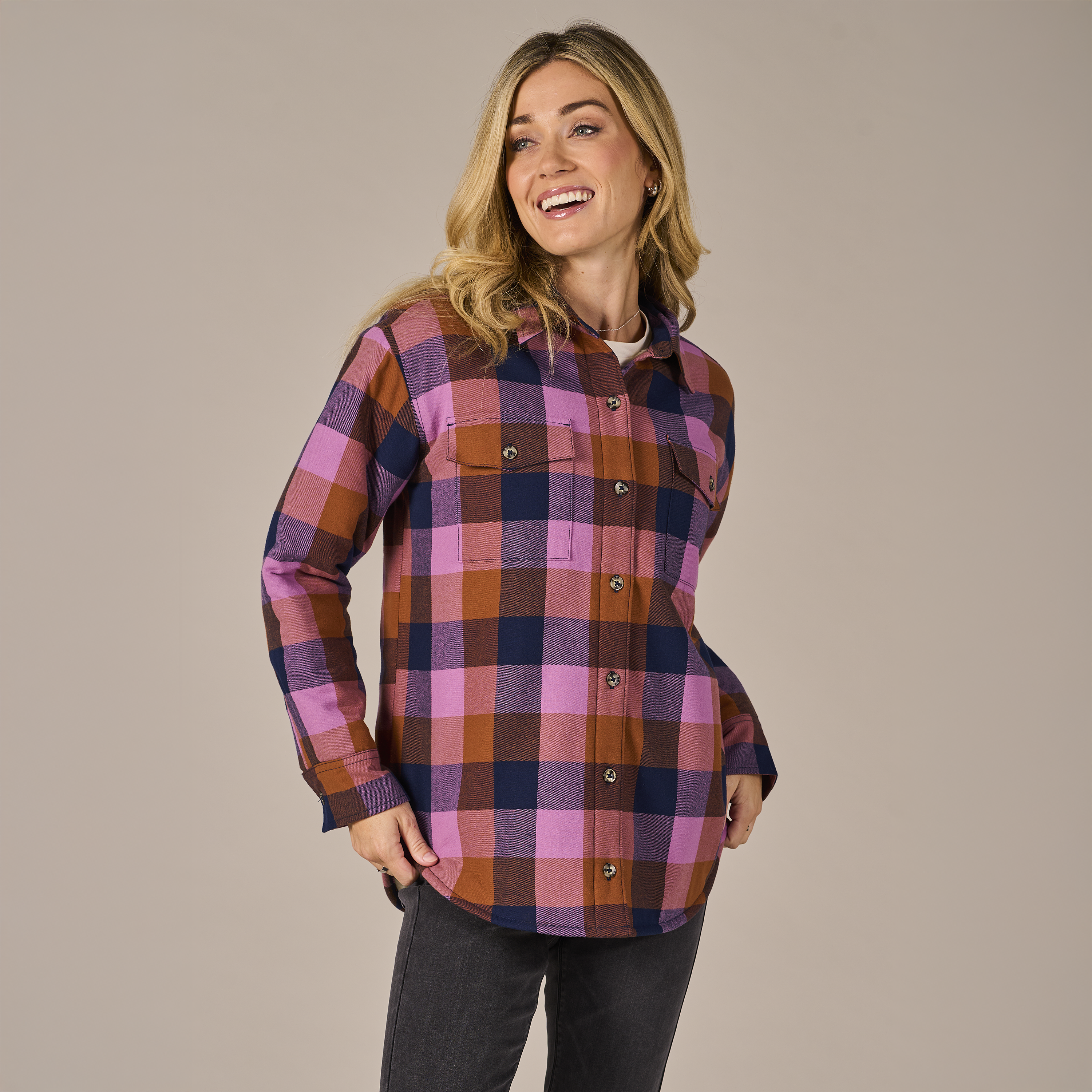 Image of Natural Reflections Sherpa-Lined Flannel Long-Sleeve Shirt - Lilac/Peacoat Buffalo - M