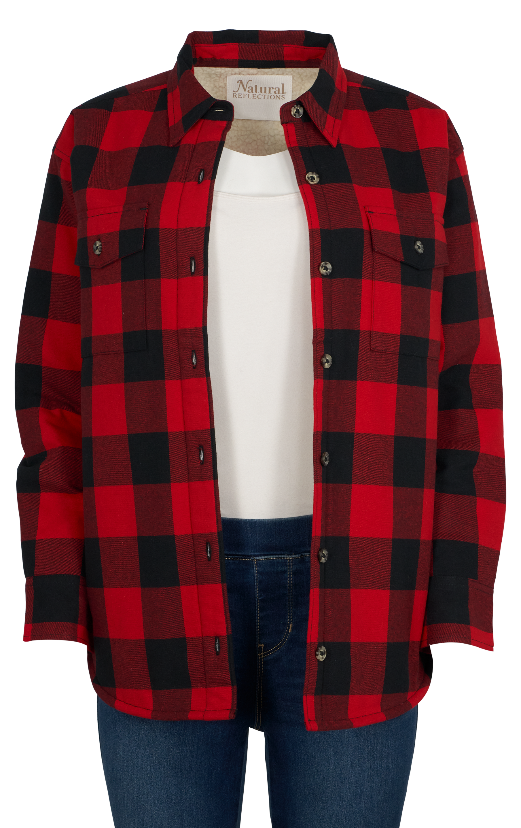 Image of Natural Reflections Sherpa-Lined Flannel Long-Sleeve Shirt - Salsa/Anthracite Buffalo