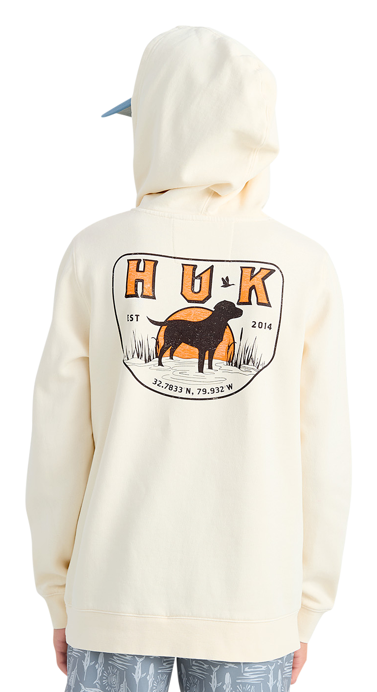 Image of Huk Lab Patch Cotton Fleece Hoodie for Kids - Egret - L