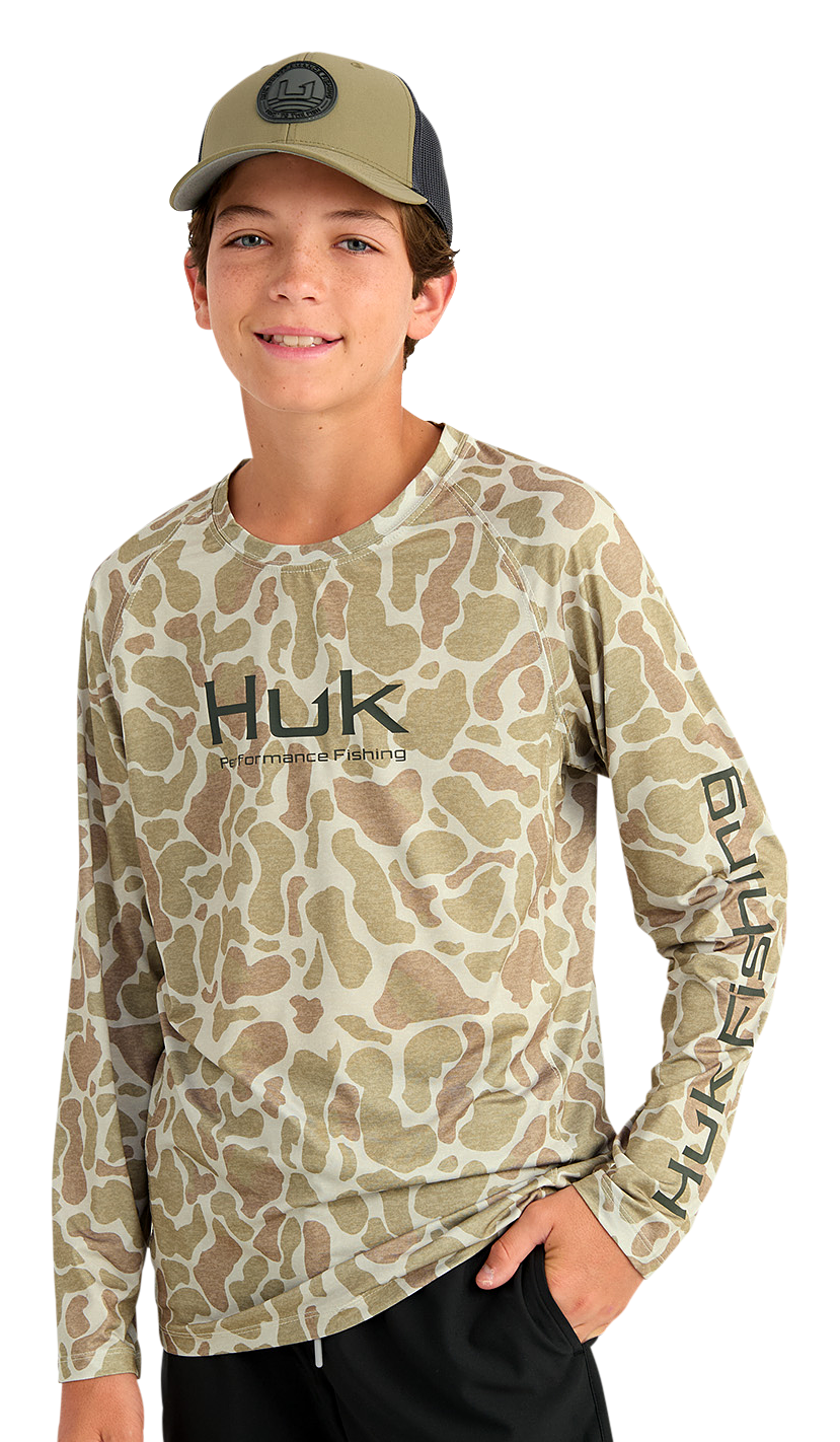 Image of Huk Pursuit Lite KC Printed Crew Long-Sleeve Shirt for Kids - Sand