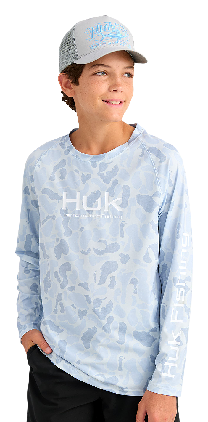 Image of Huk Pursuit Lite KC Printed Crew Long-Sleeve Shirt for Kids - Sky