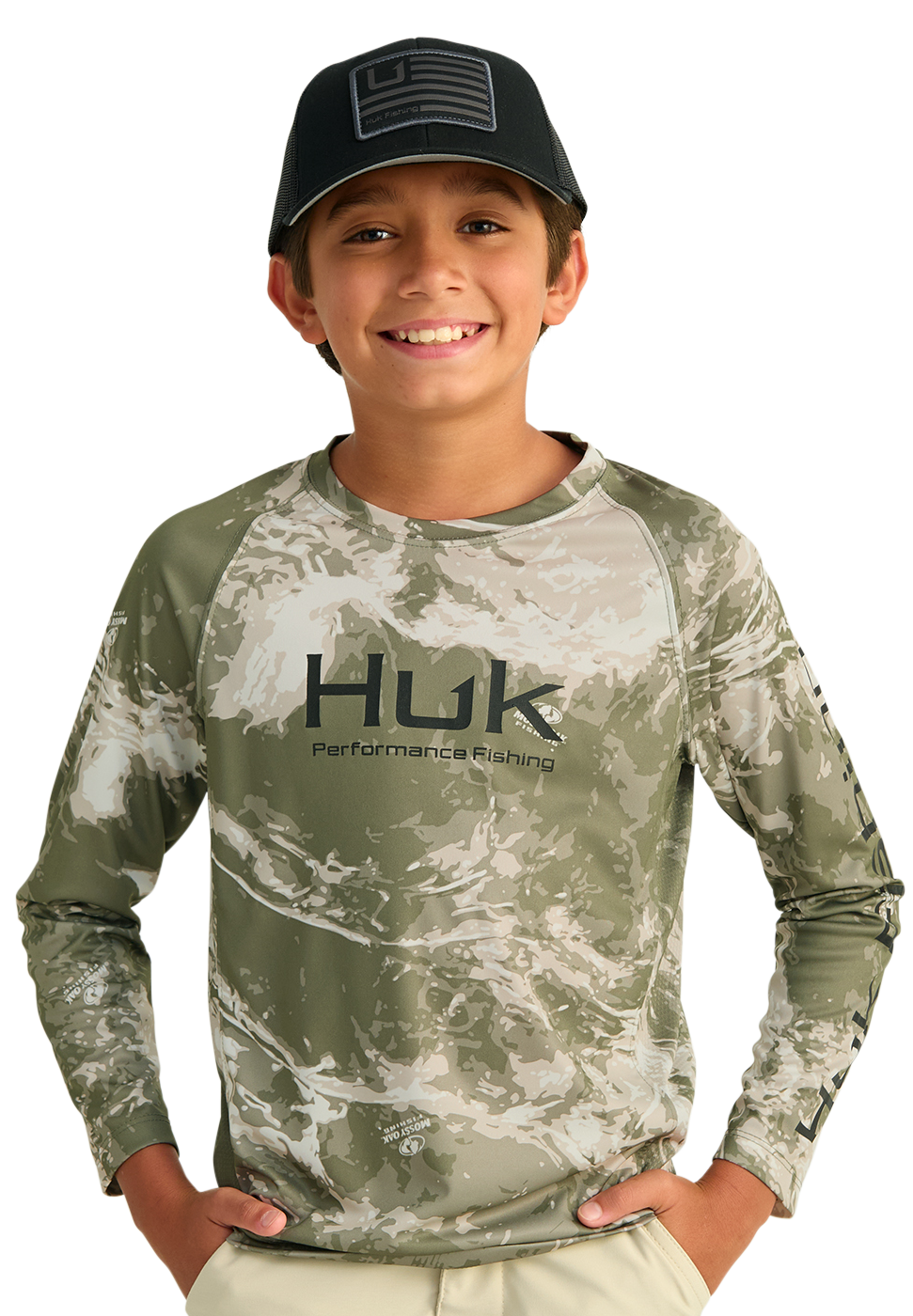 Image of Huk Pursuit Mossy Oak Long-Sleeve Performance Crew for Kids - Mossy Oak Stormwater Freshwater - XL