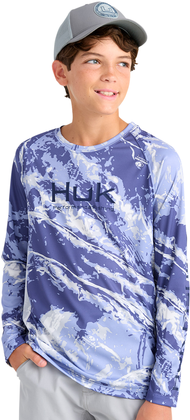 Image of Huk Pursuit Mossy Oak Long-Sleeve Performance Crew for Kids - Skipper Blue