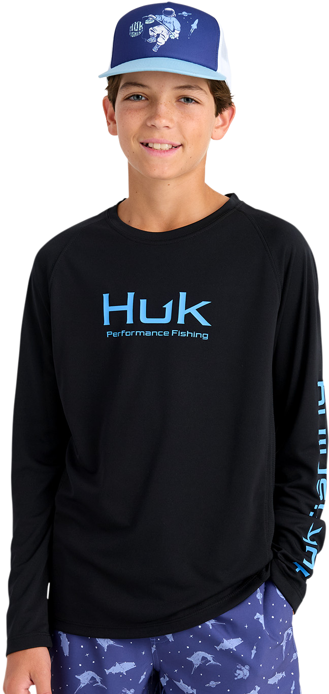 Image of Huk Pursuit Solid Long-Sleeve T-Shirt for Kids - Black/Blue - L