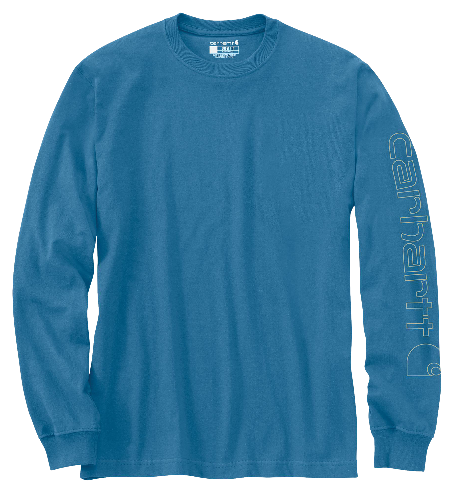 Image of Carhartt Loose-Fit Heavyweight Logo Sleeve Graphic Long-Sleeve T-Shirt - Horizon Blue Heather