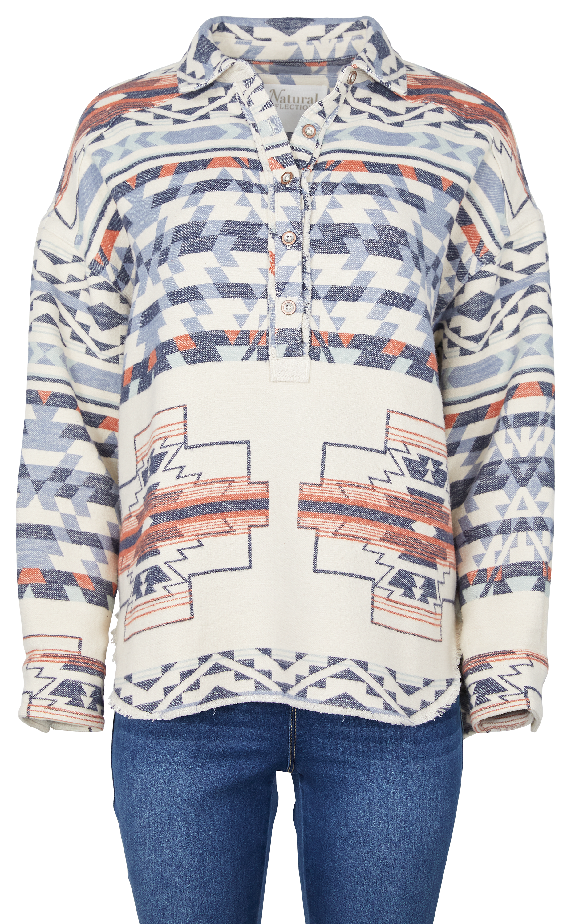 Image of Natural Reflections Aztec Henley Long-Sleeve Pullover - Egret
