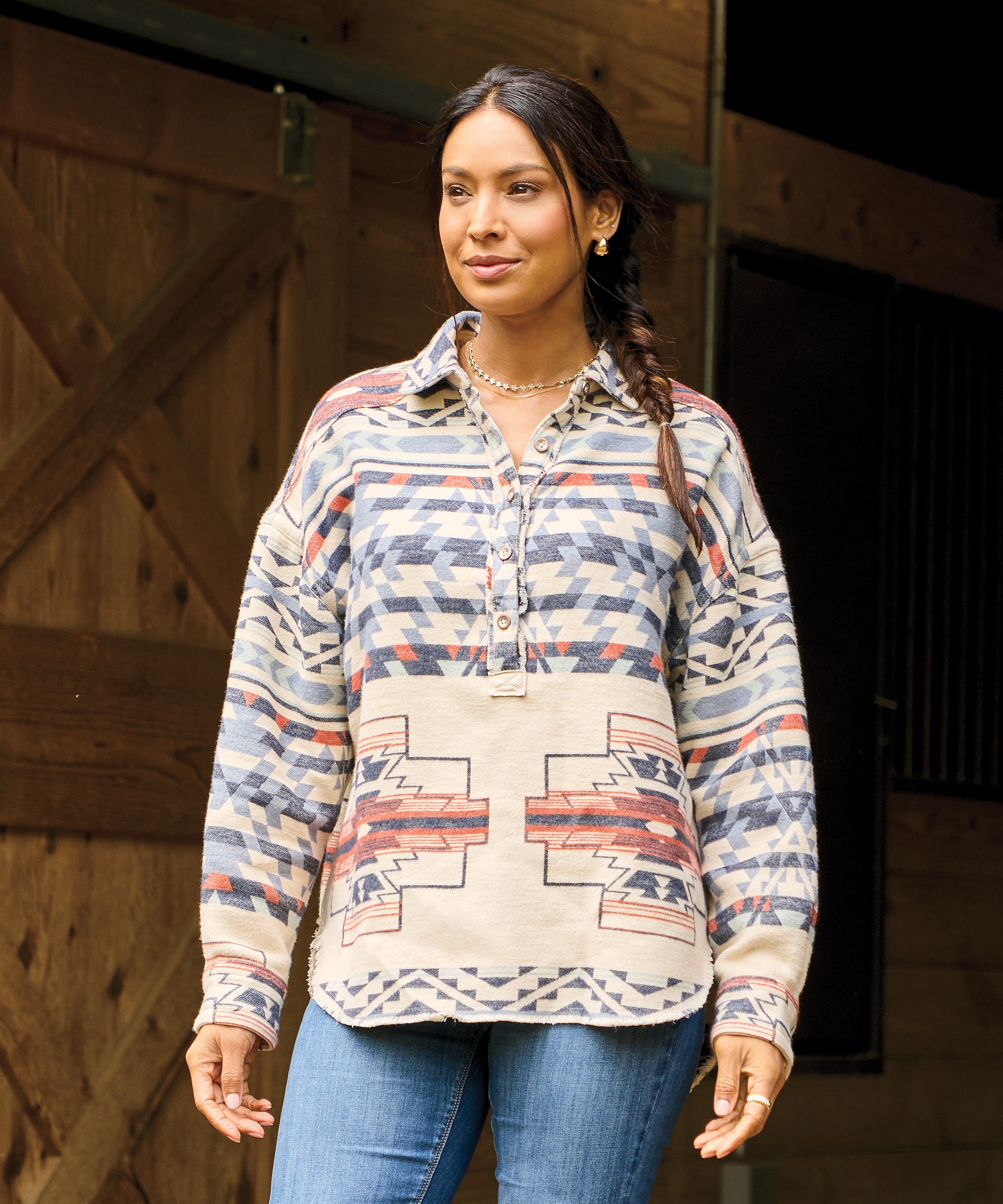 NATURAL REFLECTIONS Aztec Henley Long-Sleeve Pullover