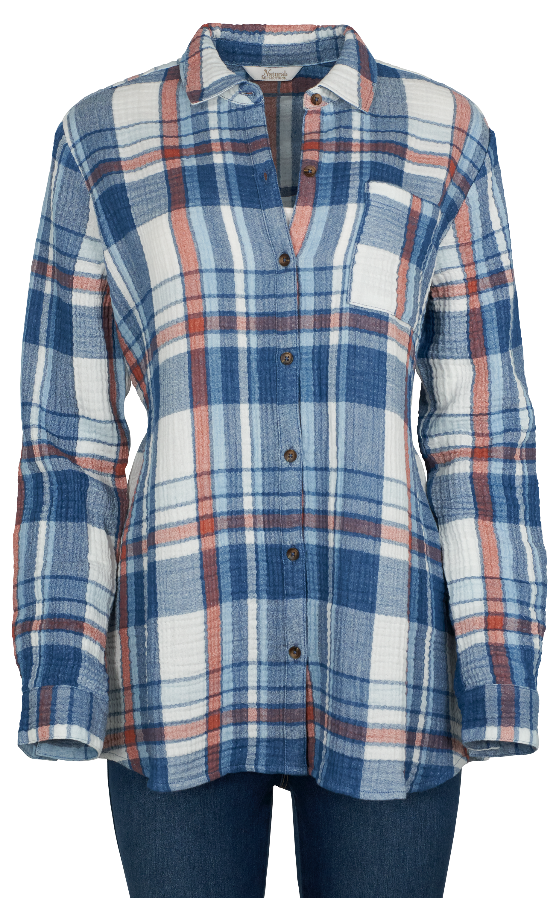 Image of Natural Reflections Double Cloth Plaid Long-Sleeve Shirt - Indigo