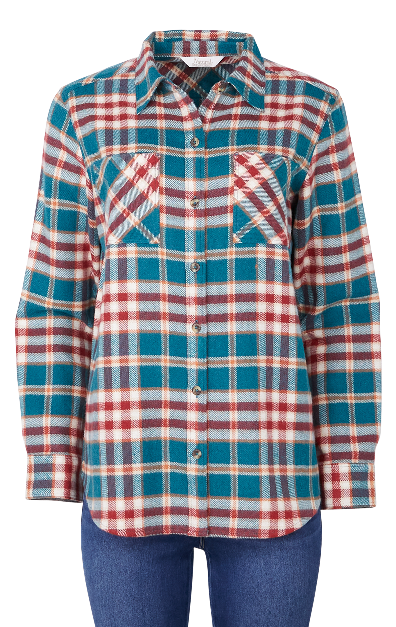 Image of Natural Reflections Heartside Flannel Long-Sleeve Button-Down Shirt - Deep Teal Plaid