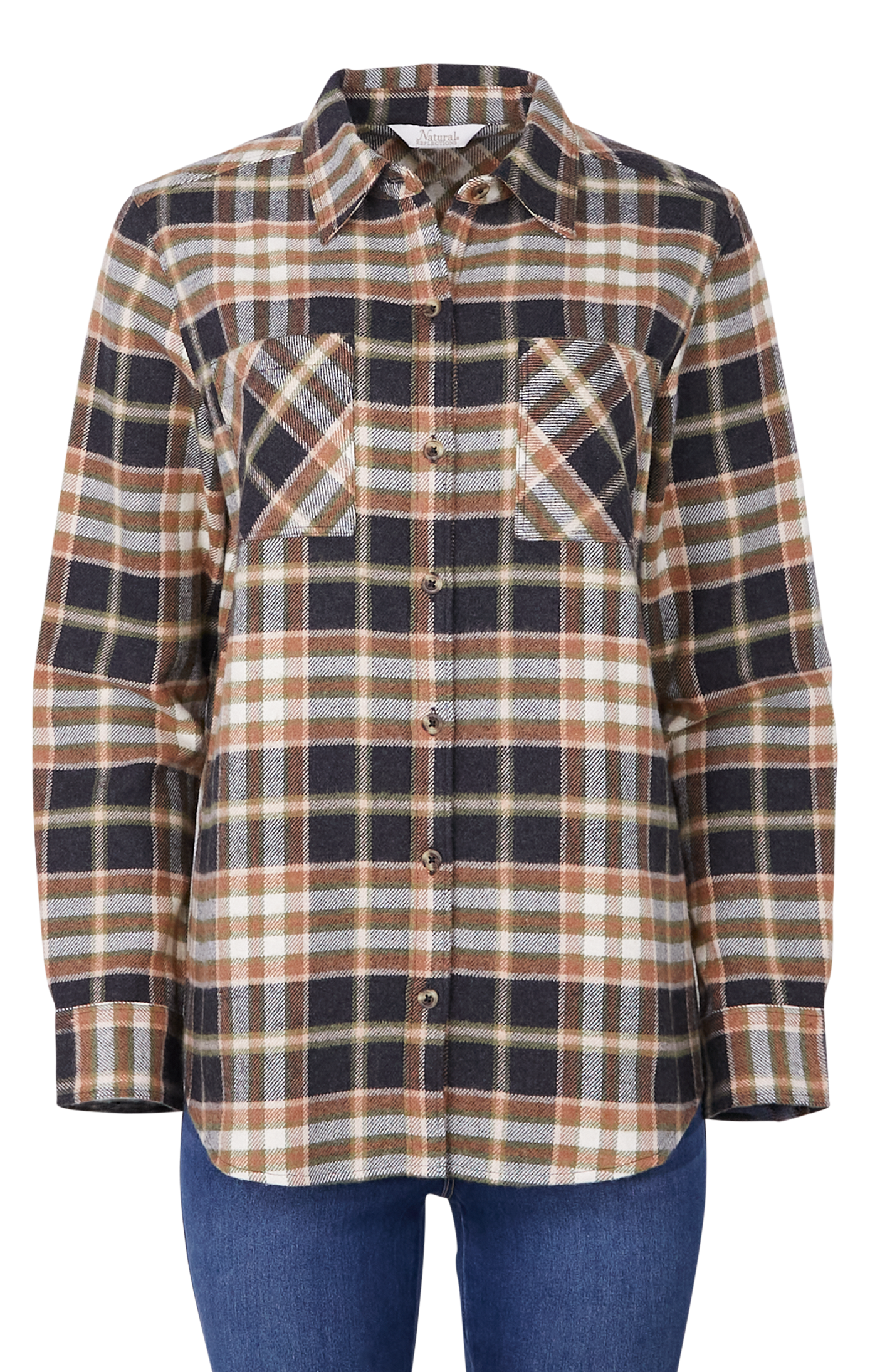 Image of Natural Reflections Heartside Flannel Button-Down Long-Sleeve Shirt - Moonless Night Plaid