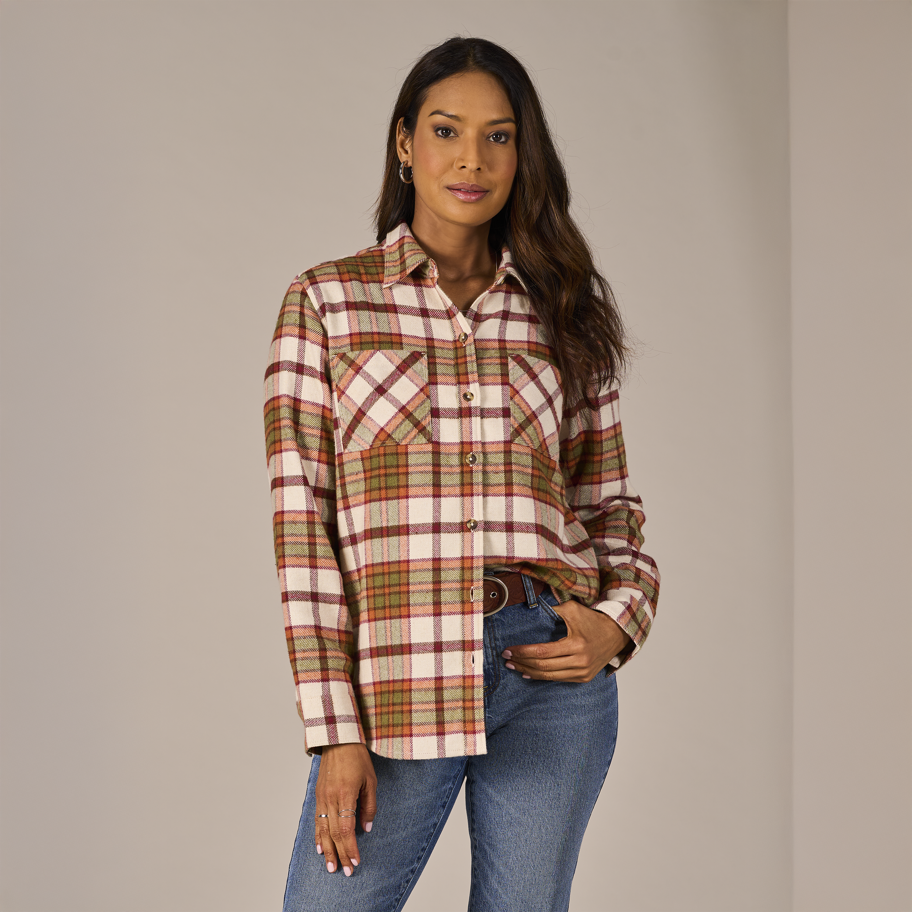 Image of Natural Reflections Heartside Flannel Button-Down Long-Sleeve Shirt - Egret Plaid