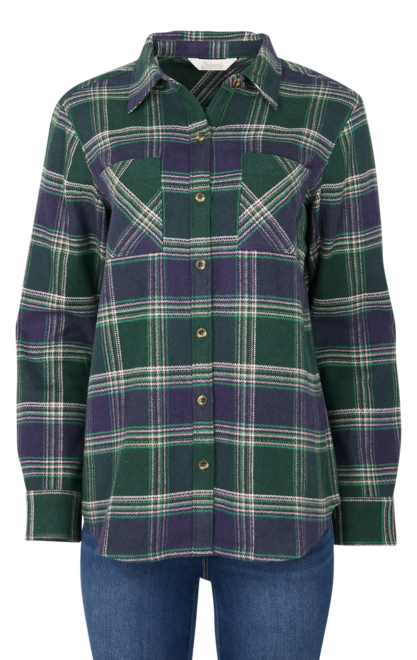 Image of Natural Reflections Heartside Flannel Button-Down Long-Sleeve Shirt - Eden Plaid