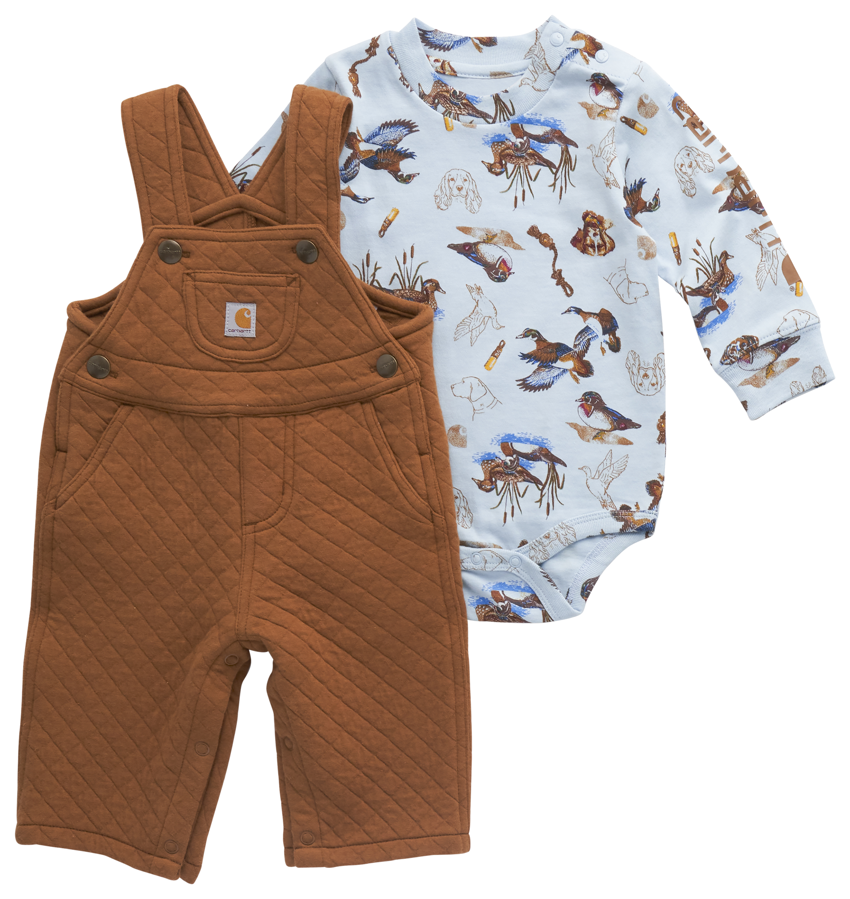 Image of Carhartt Duck Print Long-Sleeve Bodysuit and Quilted Overalls Set for Babies - Carhartt Brown