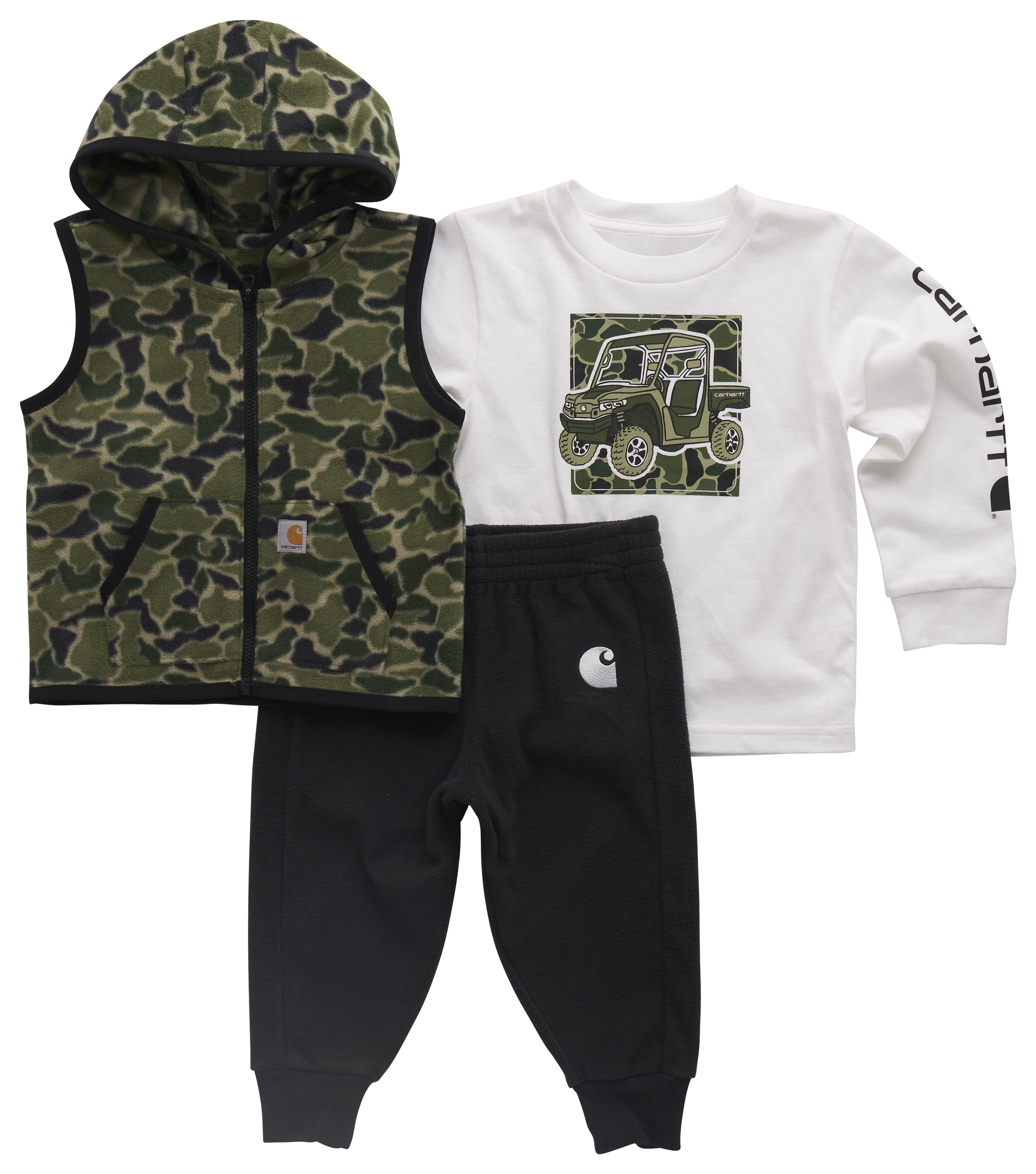 Image of Carhartt Camo Vest, Long-Sleeve T-Shirt, and Pants 3-Piece Set for Babies - Green Duck Camo - 12 Months