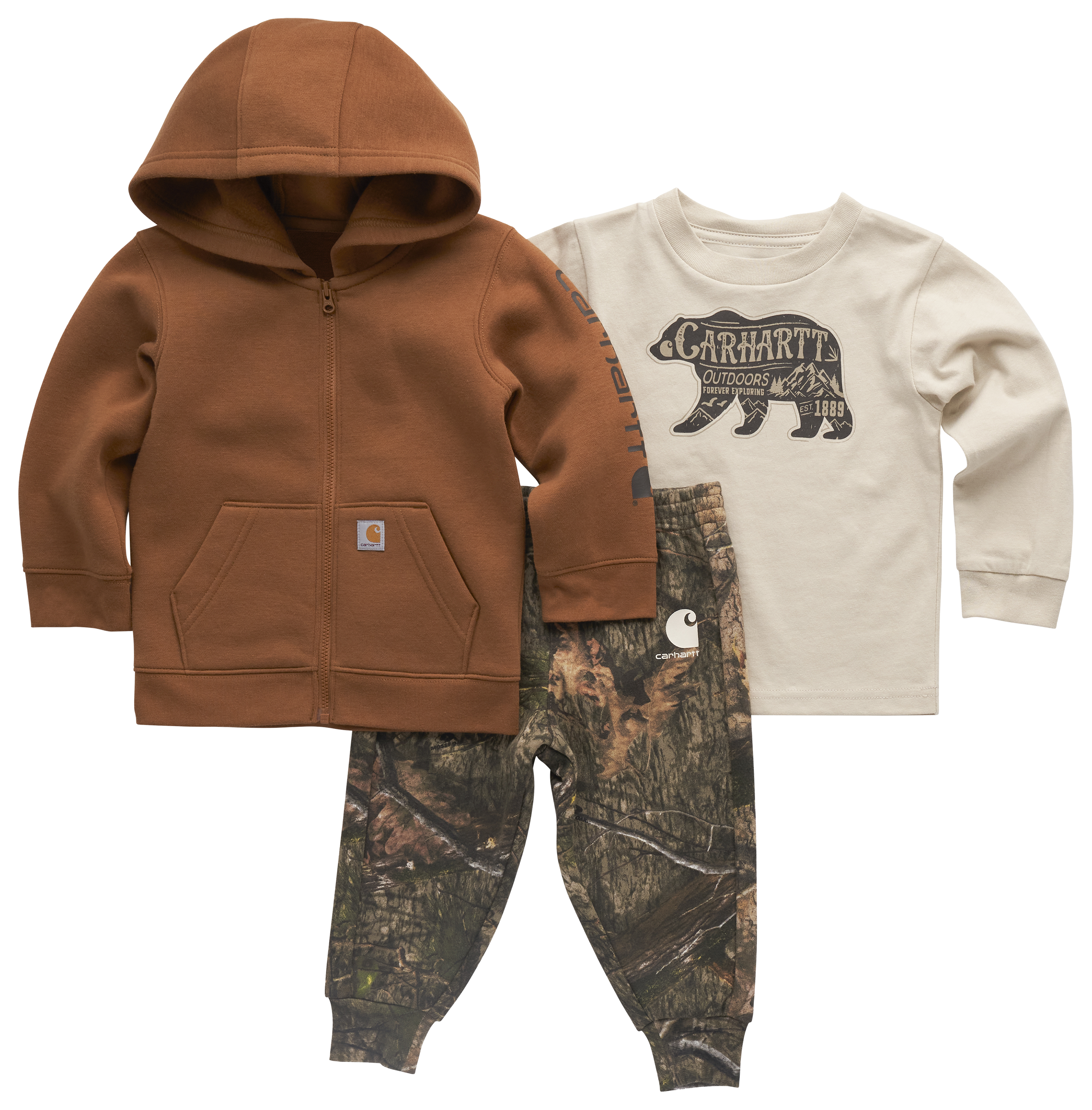 Image of Carhartt Fleece Jacket, Long-Sleeve T-Shirt, and Camo Pants 3-Piece Set for Babies - Mossy Oak Break-Up - 9 Months