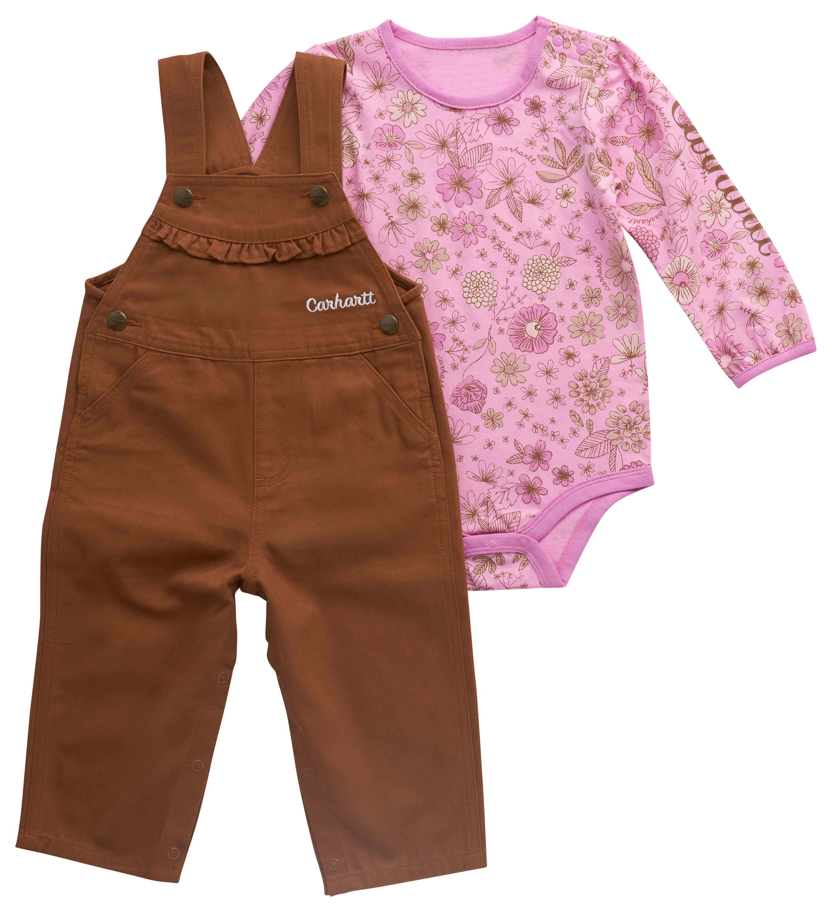 Image of Carhartt Floral Long-Sleeve Bodysuit and Canvas Overalls 2-Piece Set for Babies - Carhartt Brown